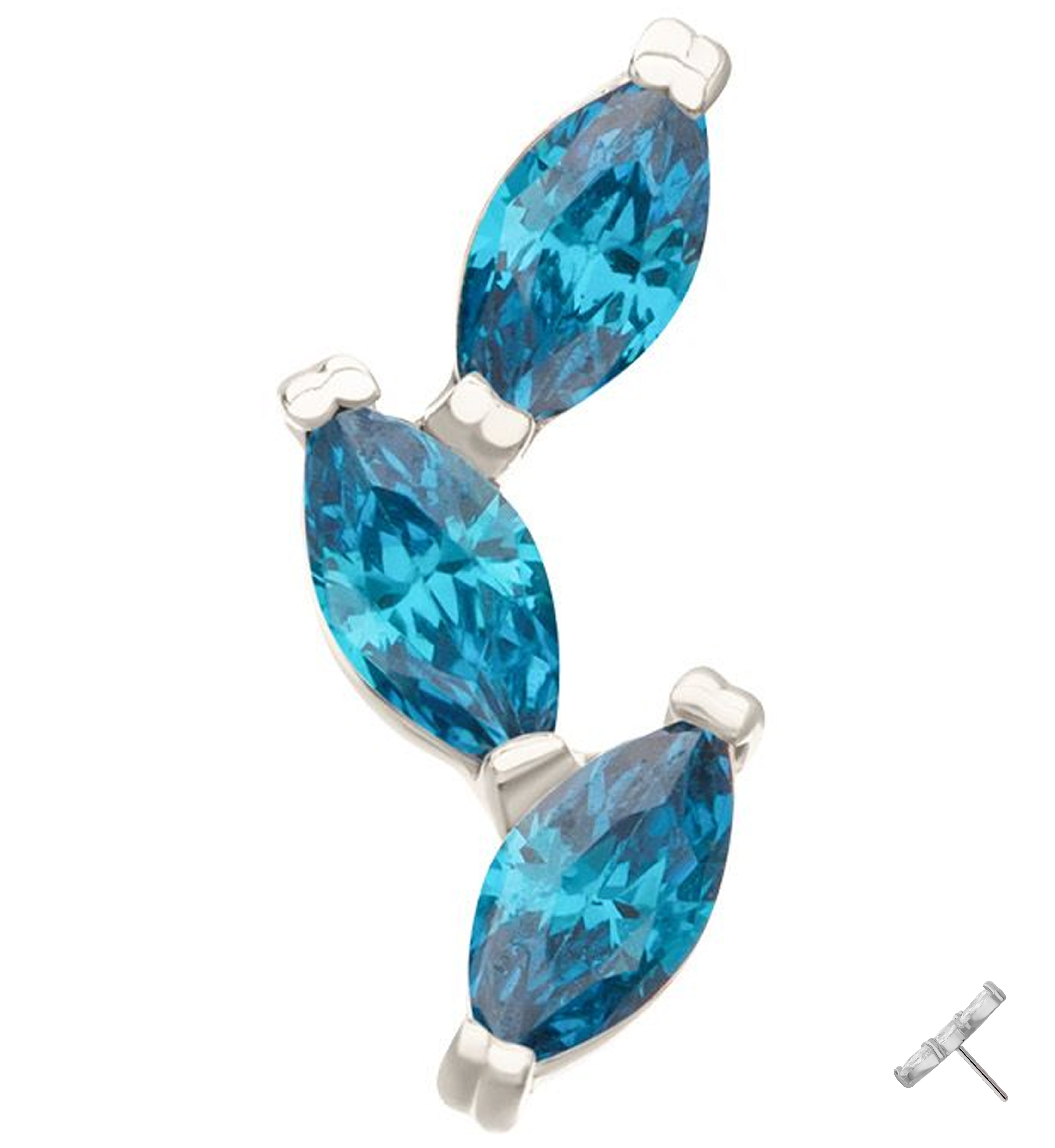 14kt White Gold Triple Marquise Vine Blue Topaz CZ Threadless Top
