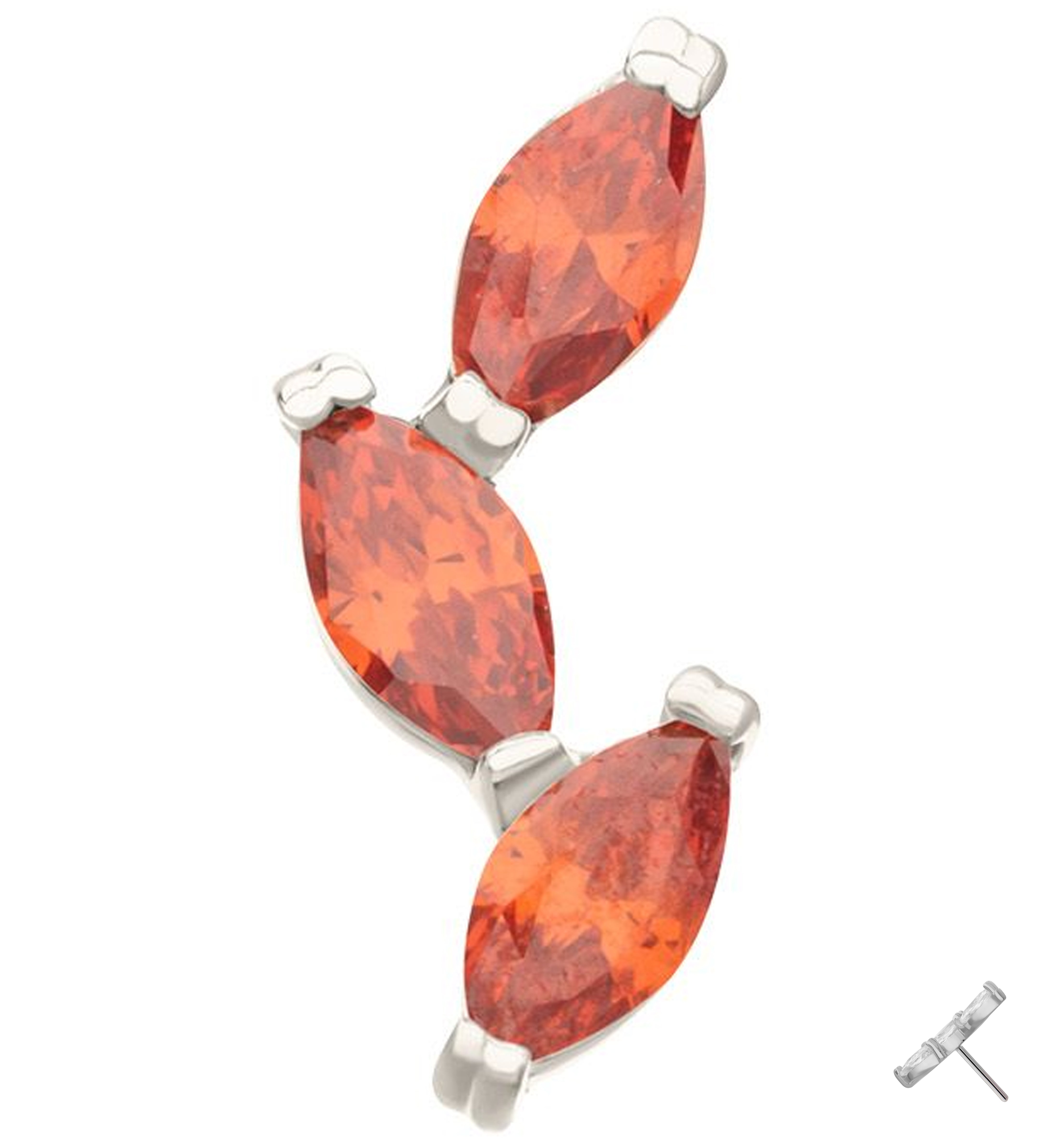 14kt White Gold Triple Marquise Vine Red CZ Threadless Top