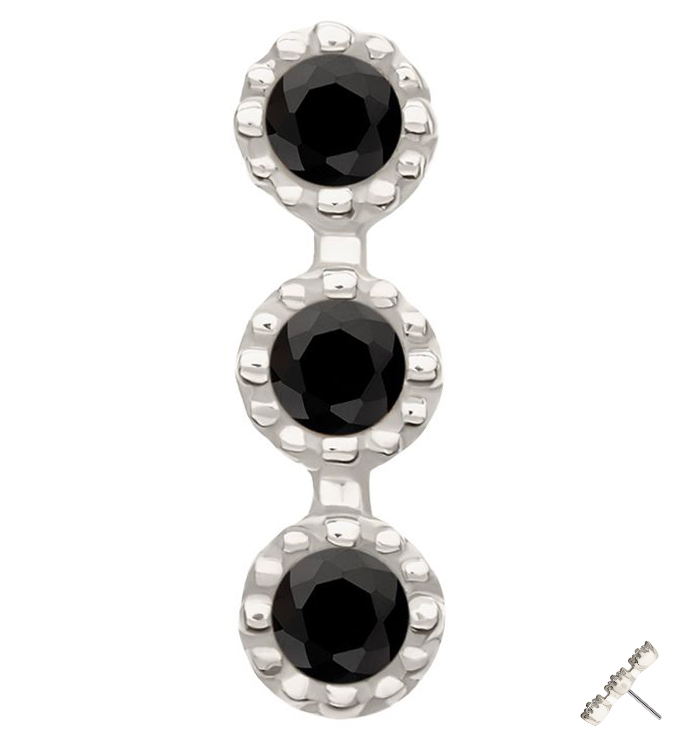 14kt White Gold Triple Stacked Beaded Black CZ Threadless Top