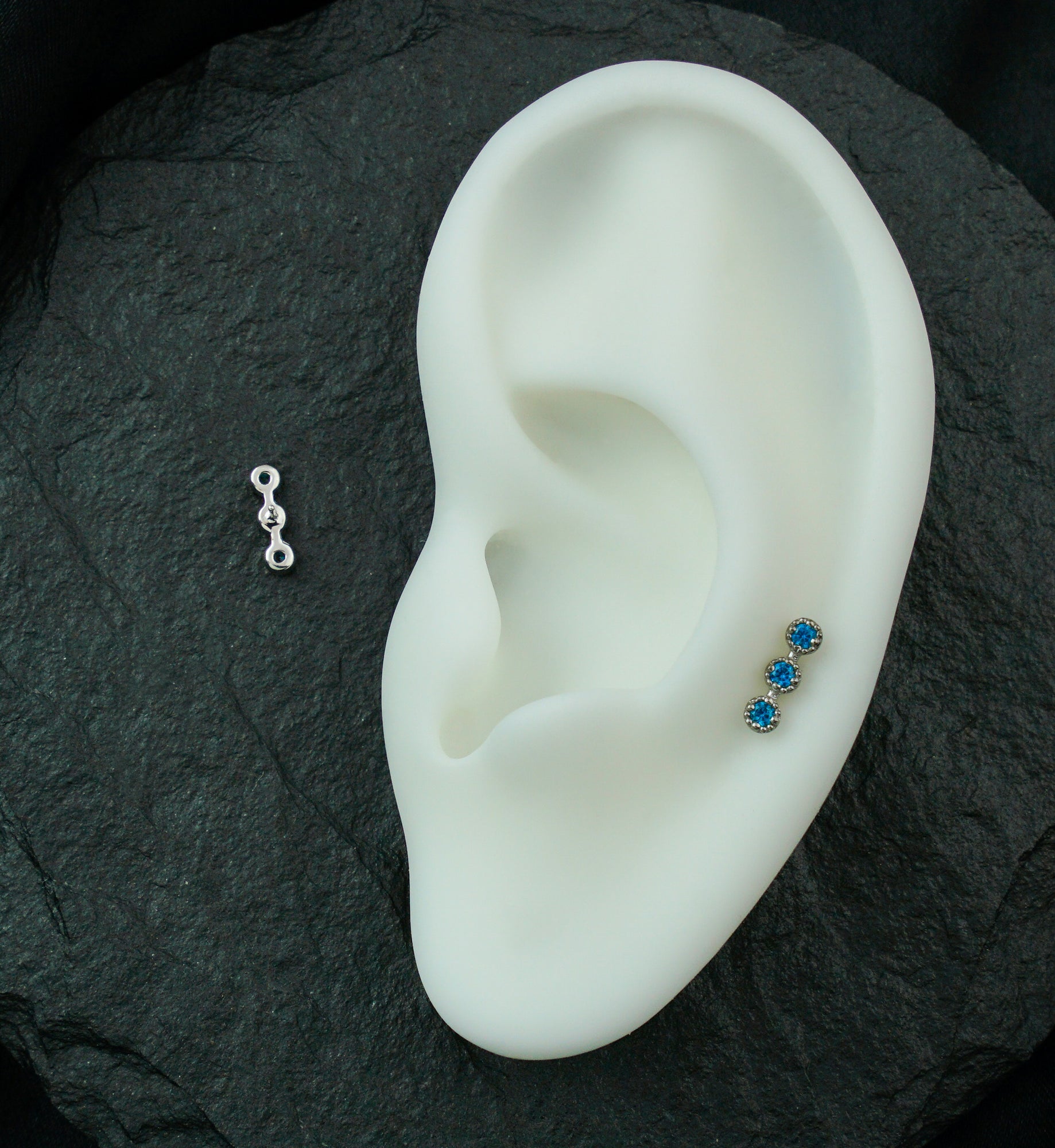 14kt White Gold Triple Stacked Beaded Blue Topaz CZ Threadless Top