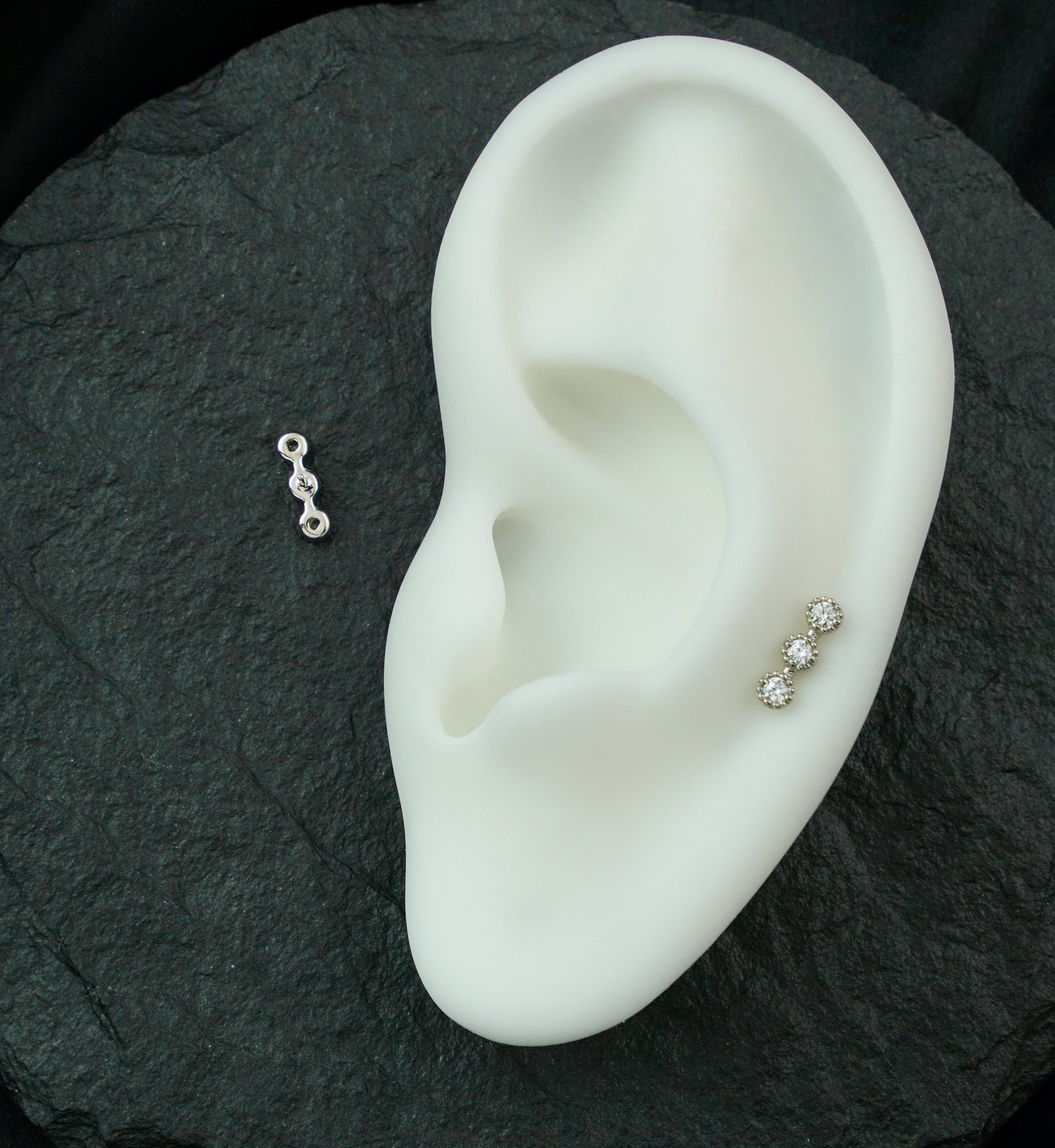 14kt White Gold Triple Stacked Beaded Clear CZ Threadless Top