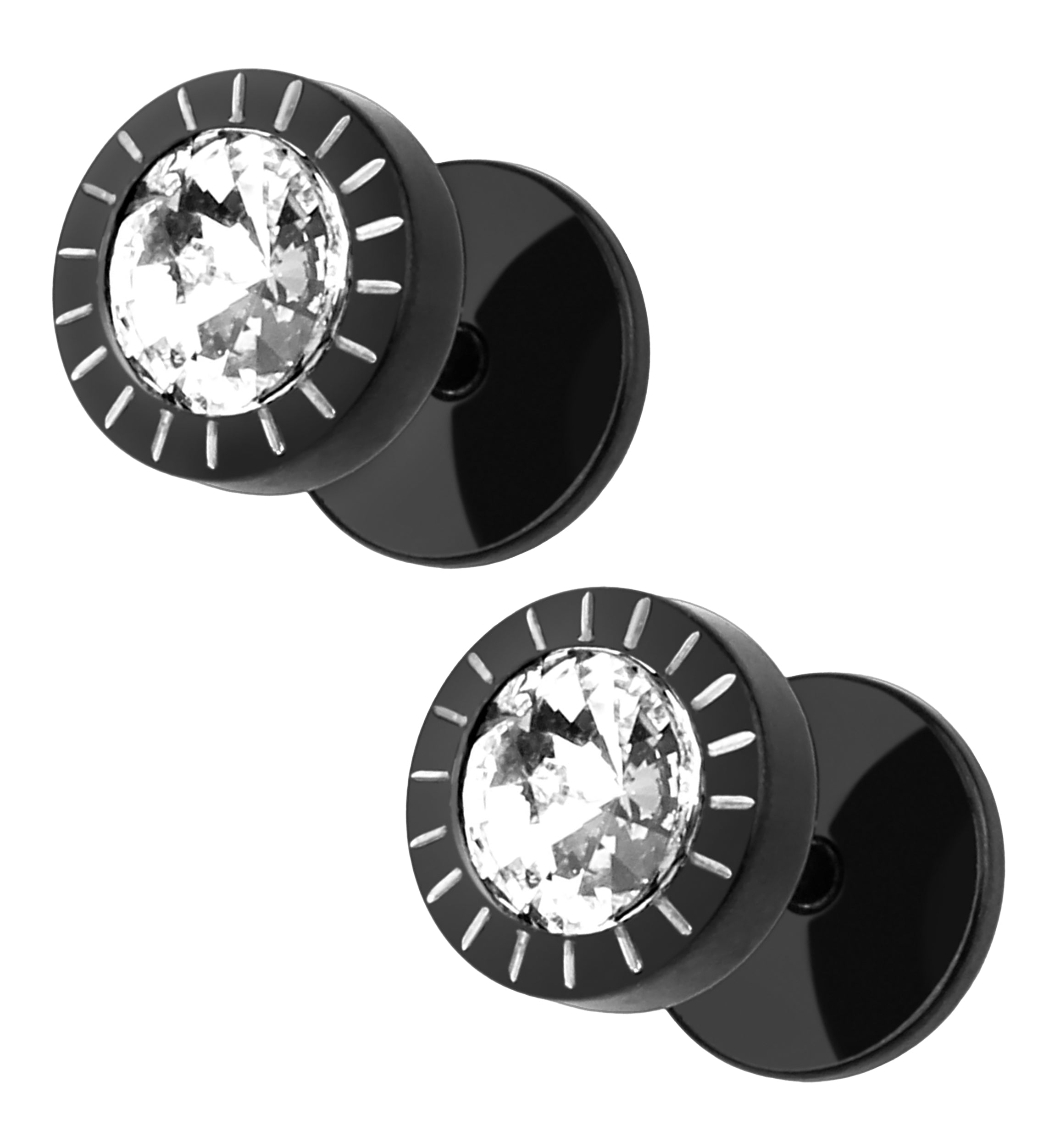 16G Black PVD CZ Stud Fake Plugs - Gauges