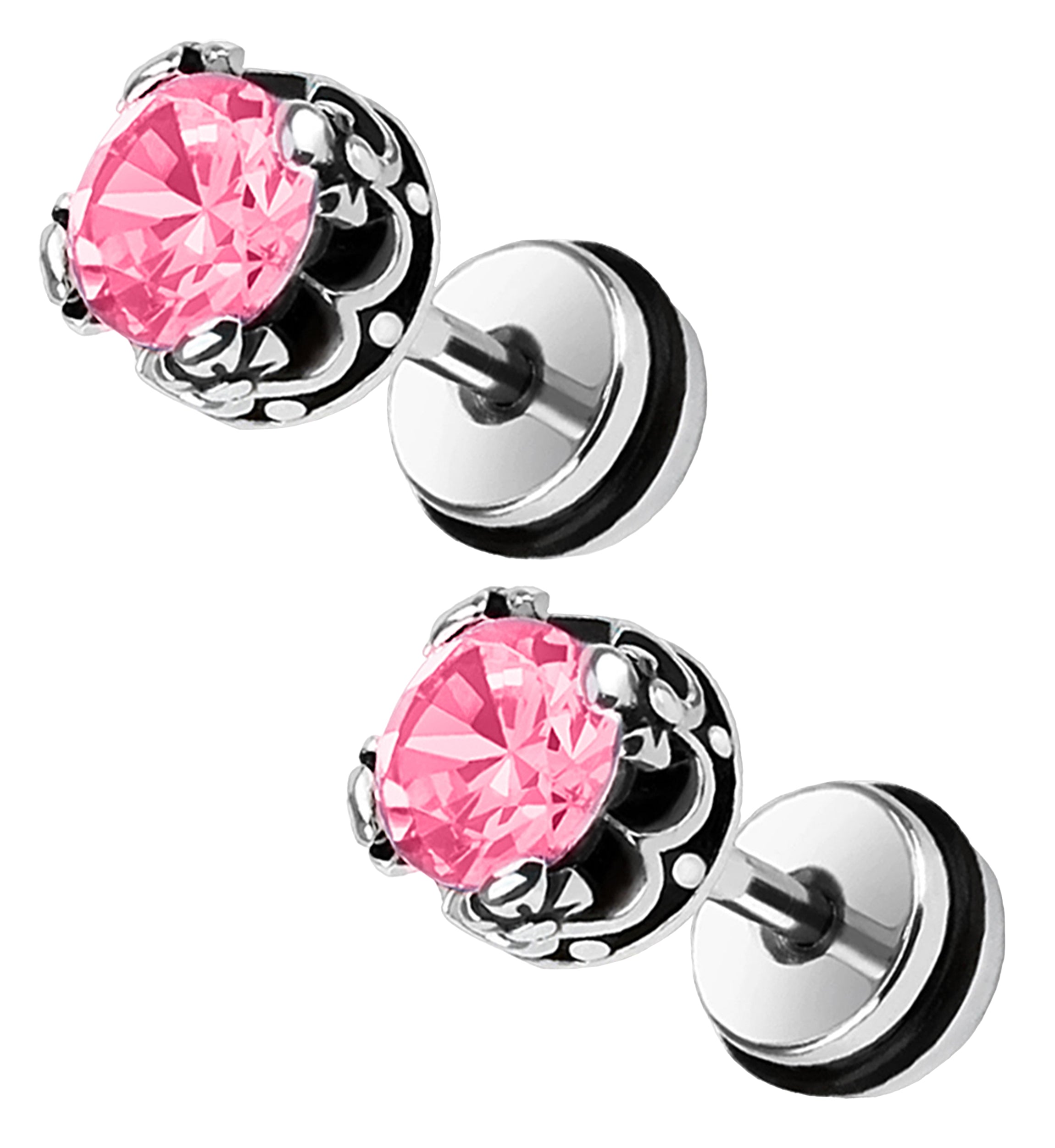 16G Pink Crest CZ Steel Fake Plugs - Gauges