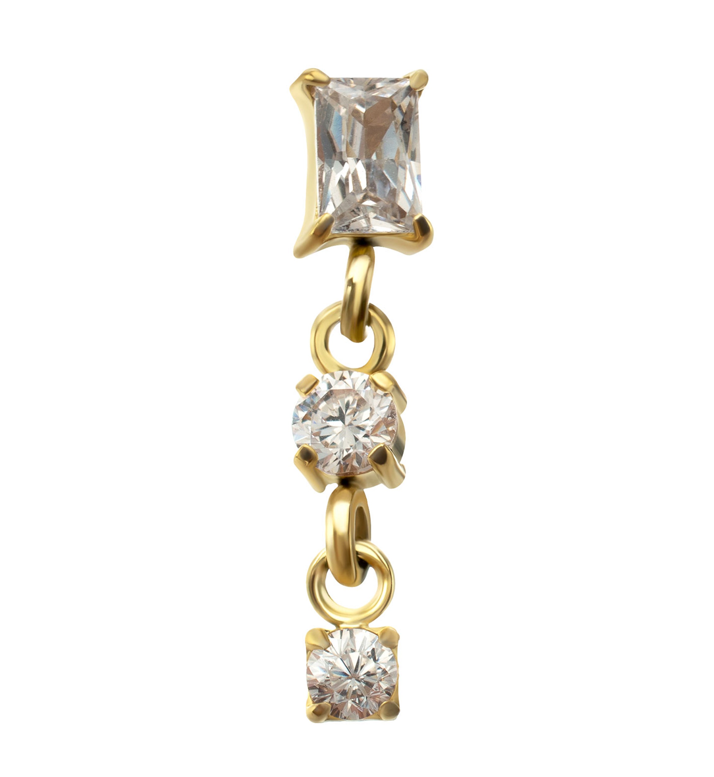 24kt Gold PVD Baguette with Double Round CZ Dangle Titanium Threadless Top