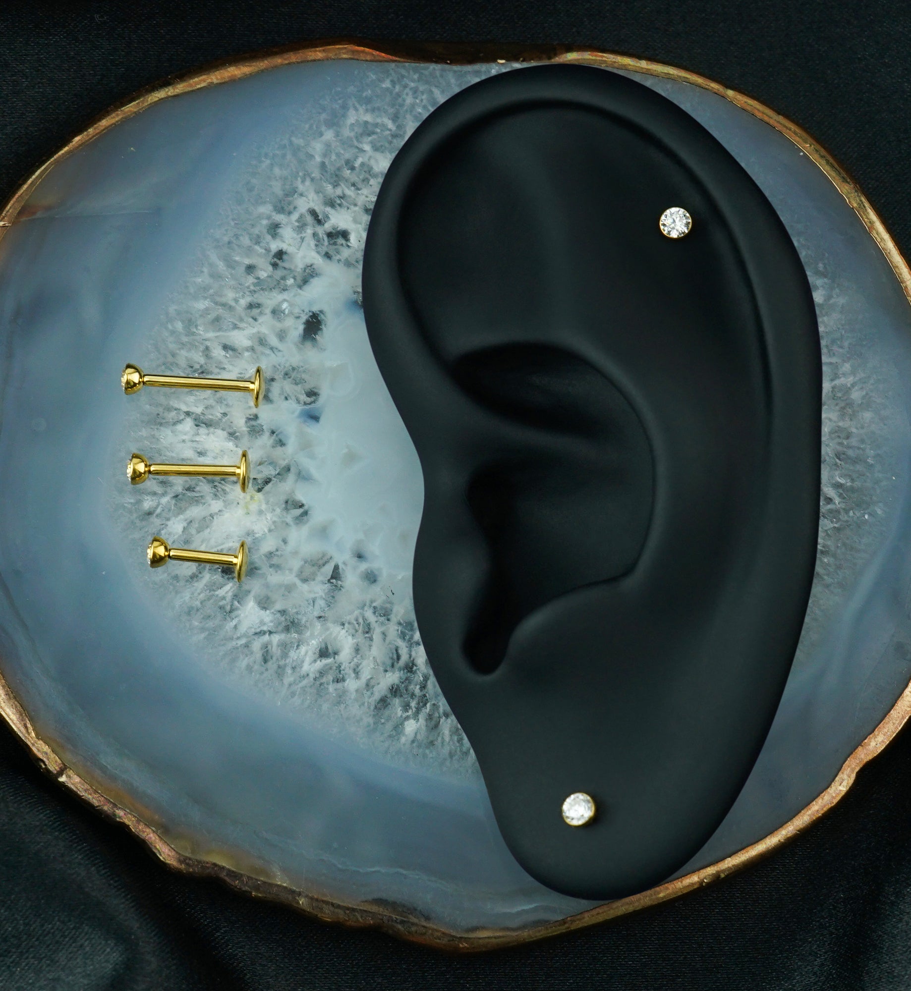 24kt Gold PVD Bezel Clear CZ Internally Threaded Titanium Convex Disk Labret