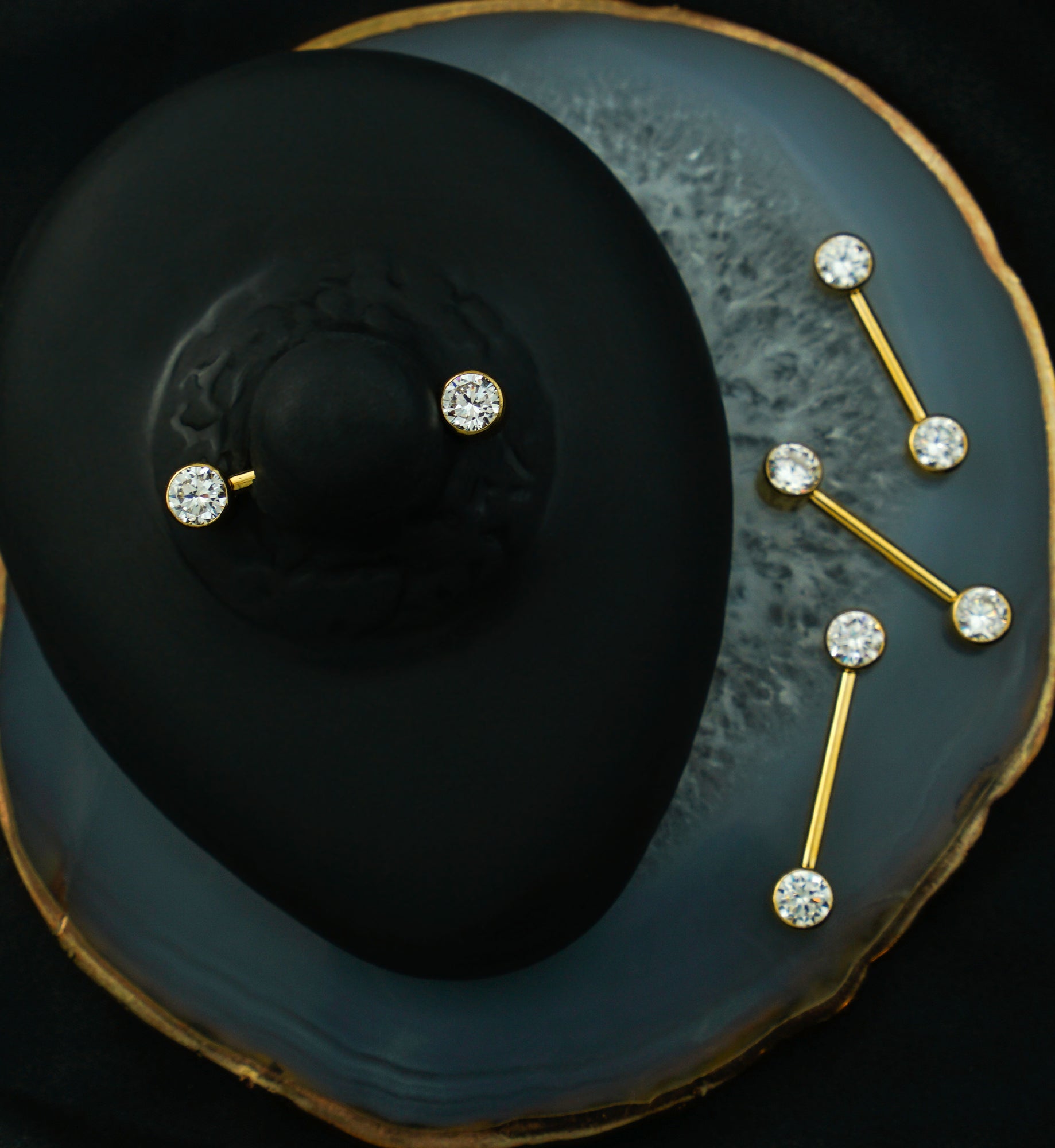 24kt Gold PVD Bezel Clear CZ Threadless Titanium Nipple Barbells