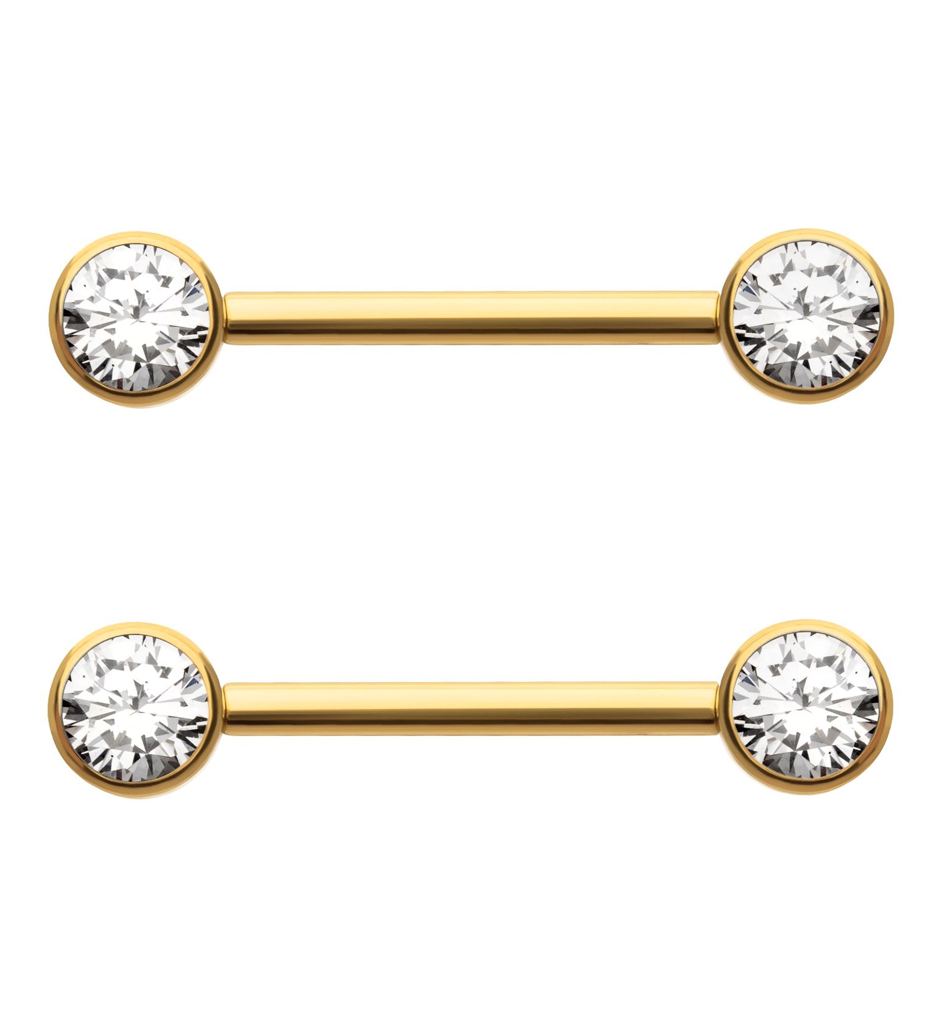 24kt Gold PVD Bezel Clear CZ Threadless Titanium Nipple Barbells