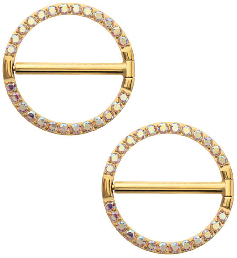 24kt Gold PVD Circlet Rainbow Aurora CZ Titanium Nipple Clicker Ring