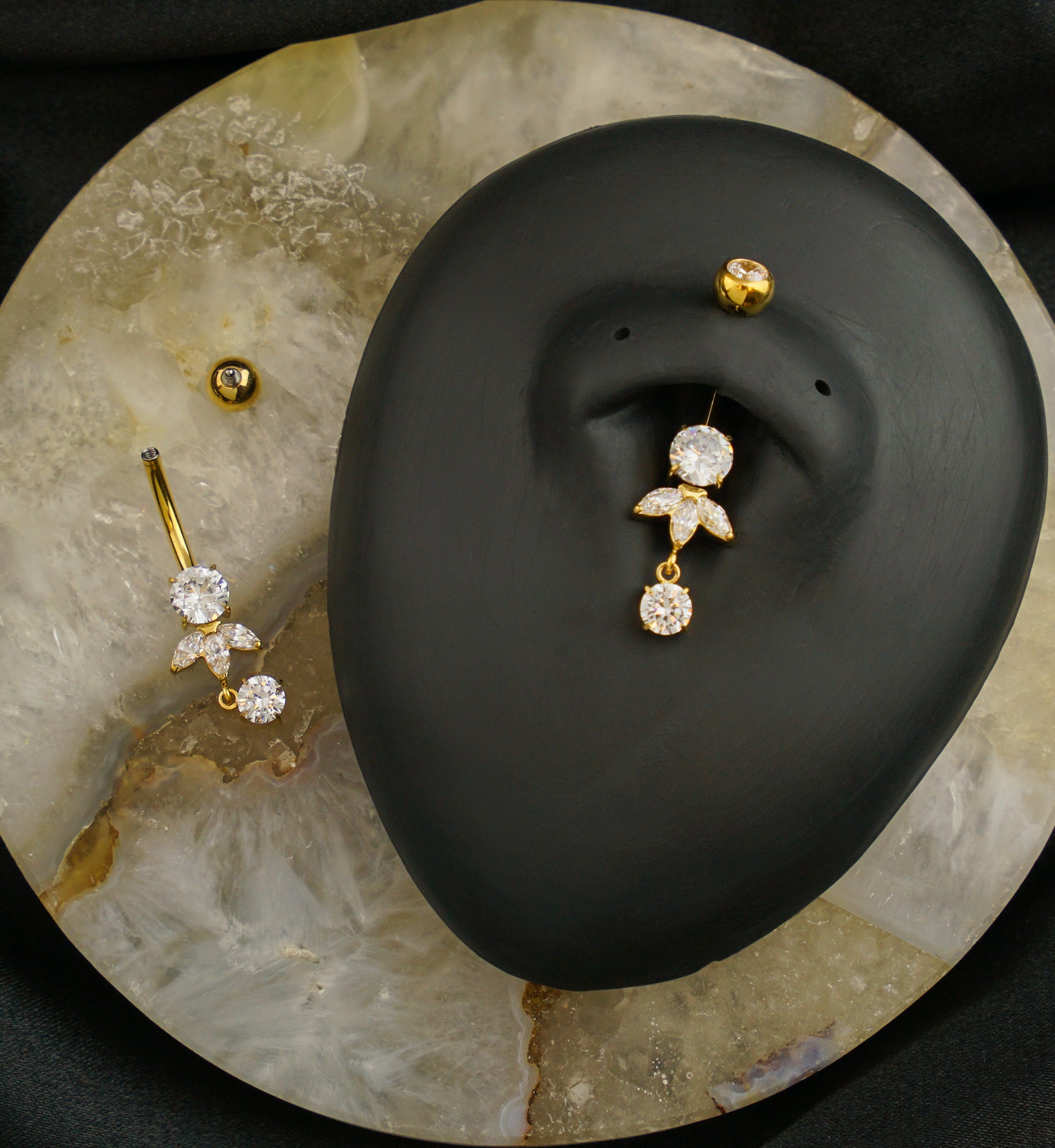 24kt Gold PVD Clear CZ Teardrop Dangle Titanium Belly Button Ring