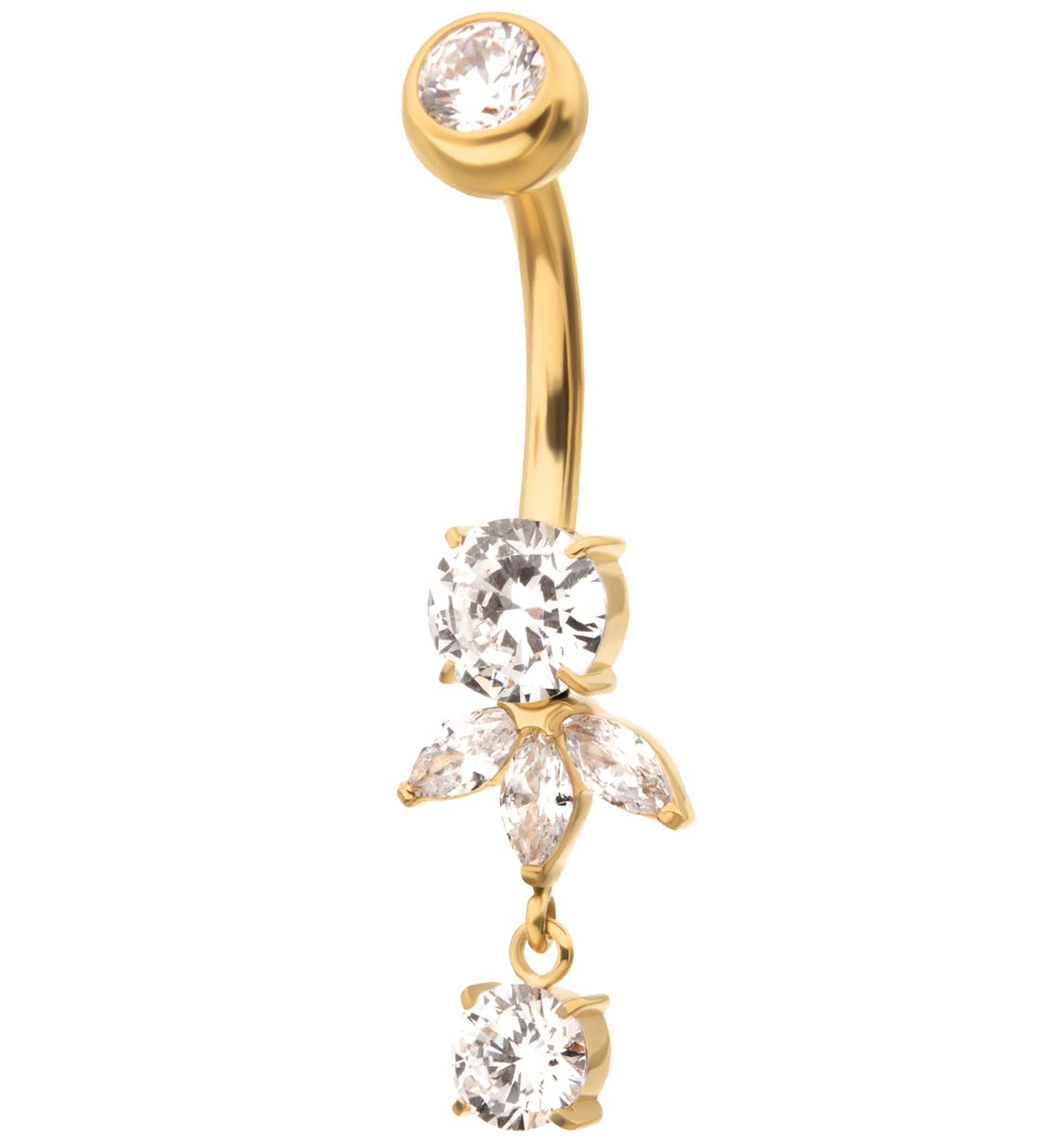 24kt Gold PVD Clear CZ Teardrop Dangle Titanium Belly Button Ring