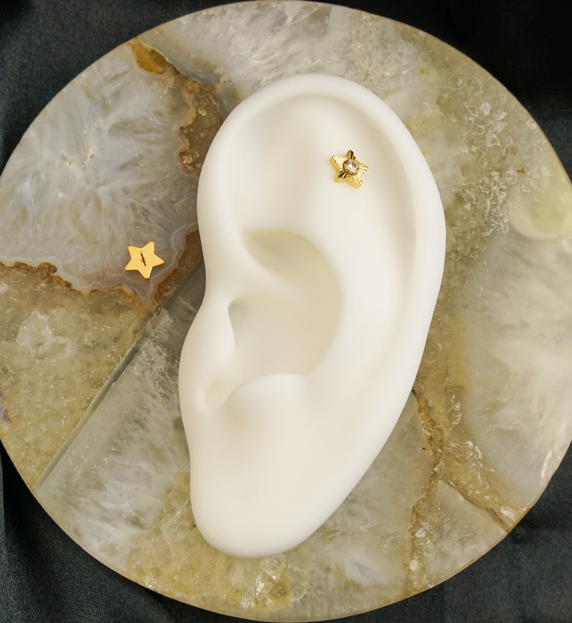 24kt Gold PVD Corrugated Star Clear CZ Threadless Titanium Top