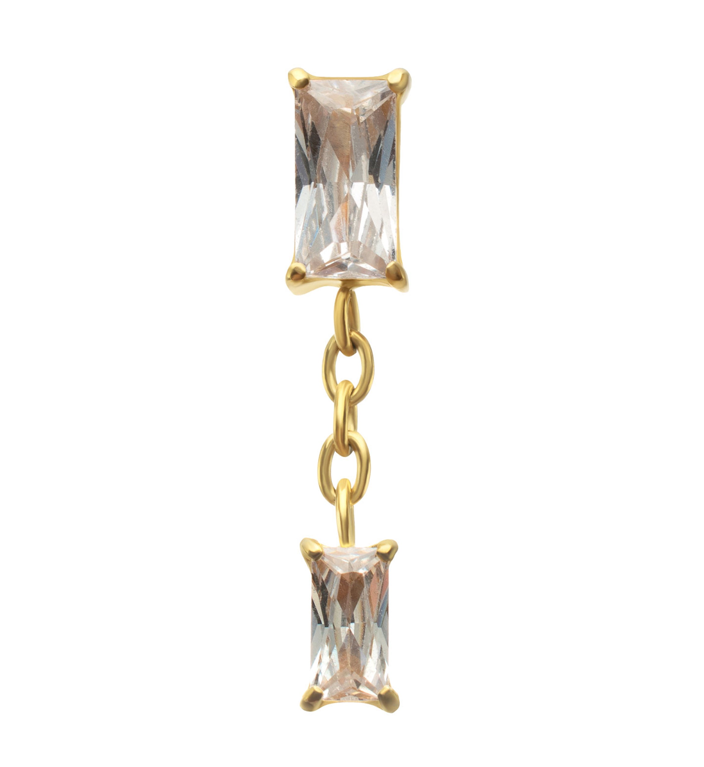 24kt Gold PVD Double Baguette CZ Dangle Titanium Threadless Top
