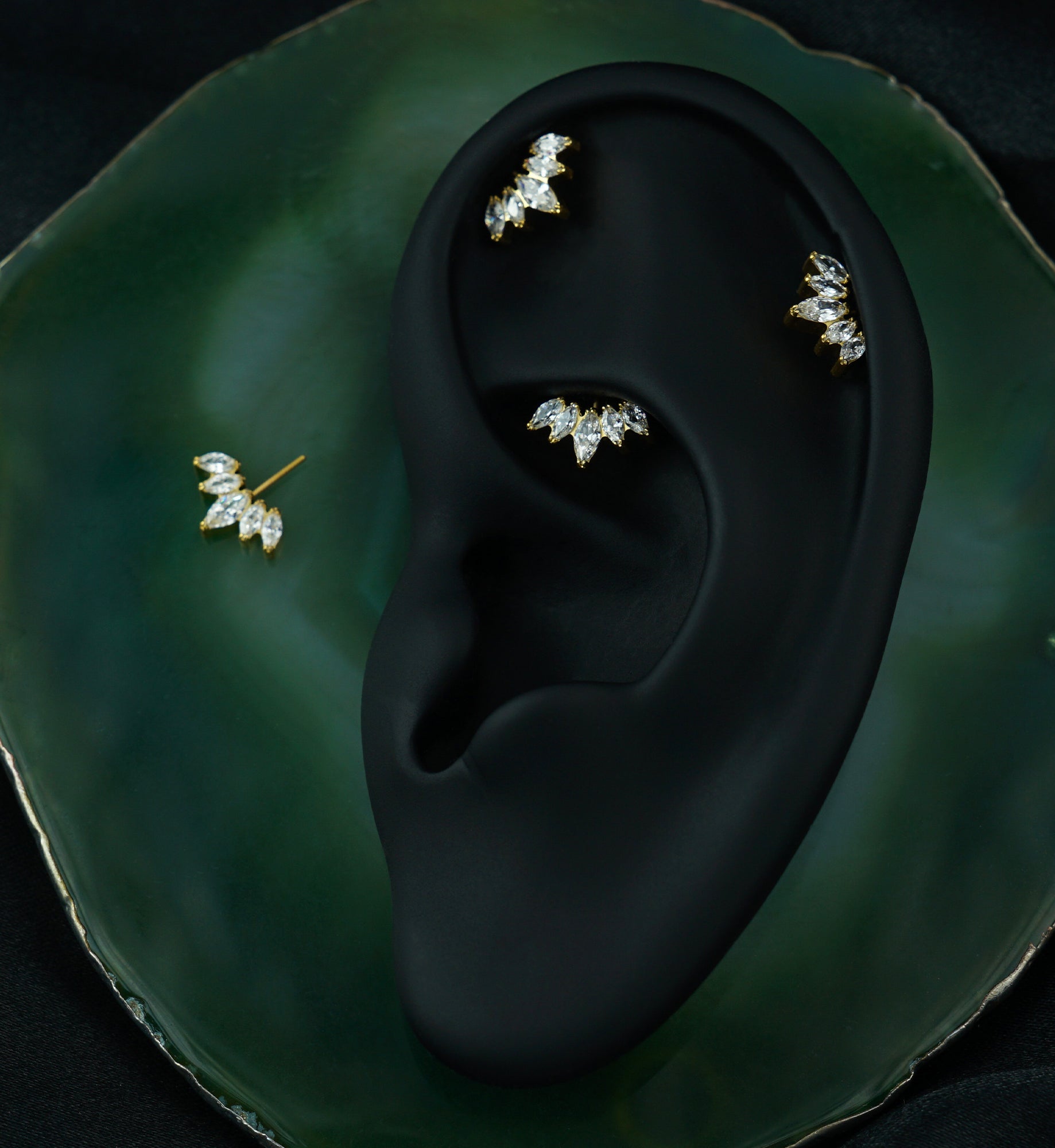 24kt Gold PVD Half Crown Clear CZ Vertical Titanium Threadless Top