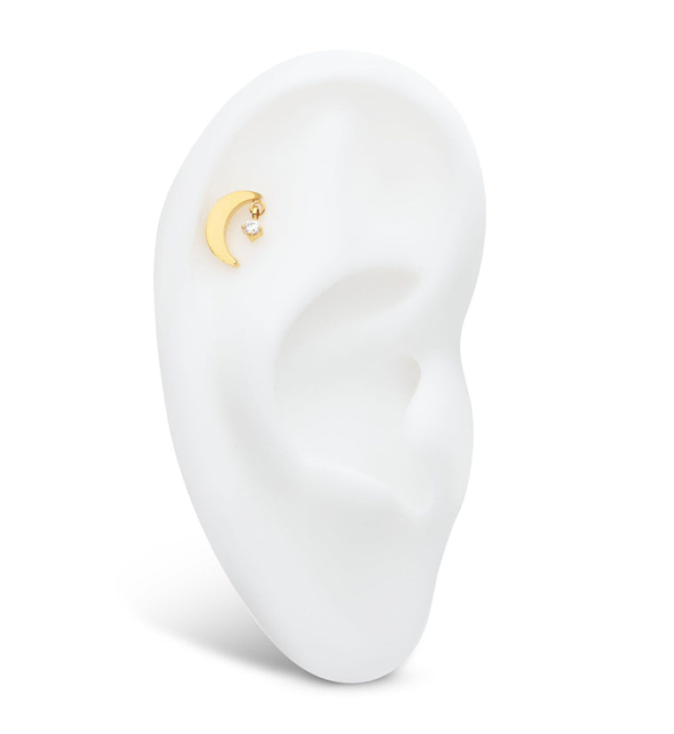 24kt Gold PVD Half Moon Clear CZ Dangle Titanium Threadless Top