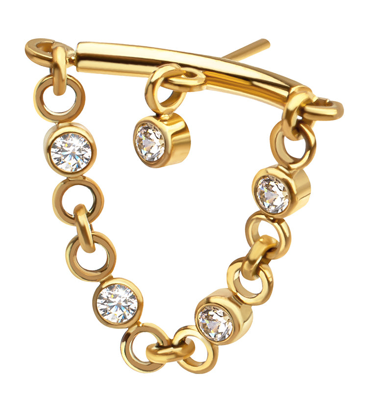 24kt Gold PVD Hidden Curved Bar Floating CZ Dangle Chain Titanium Threadless Top