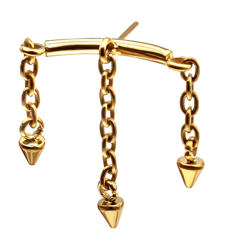 24kt Gold PVD Hidden Curved Bar Triple Spike Dangle Titanium Threadless Top