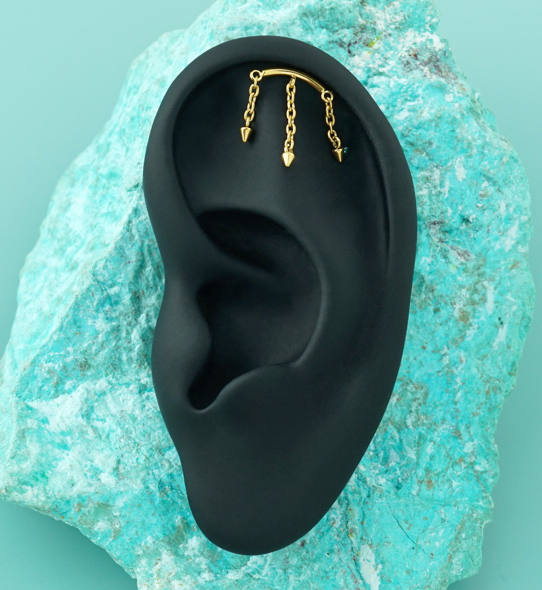 24kt Gold PVD Hidden Curved Bar Triple Spike Dangle Titanium Threadless Top