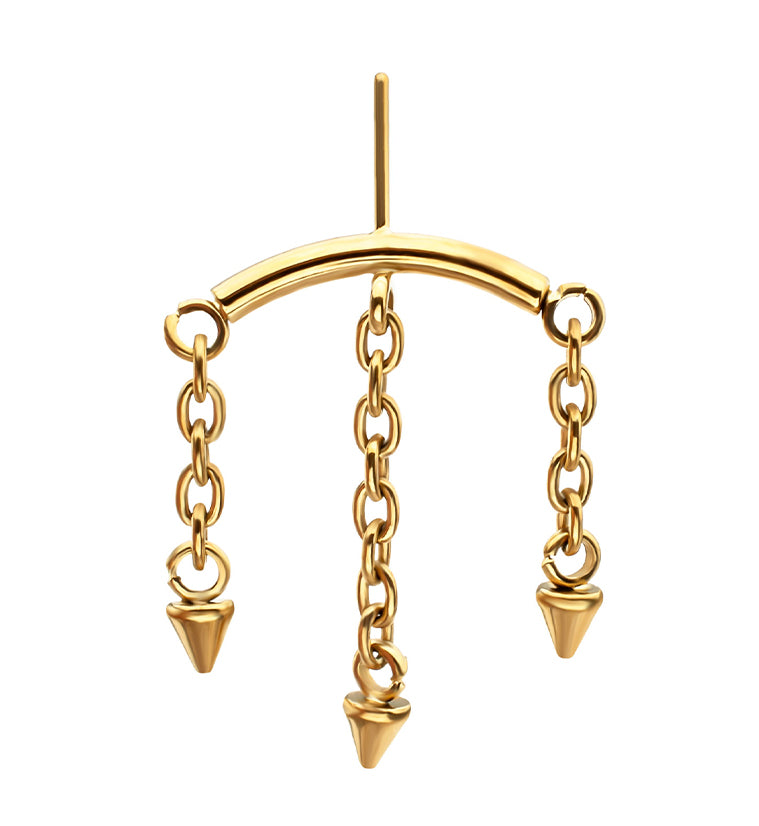 24kt Gold PVD Hidden Curved Bar Triple Spike Dangle Titanium Threadless Top