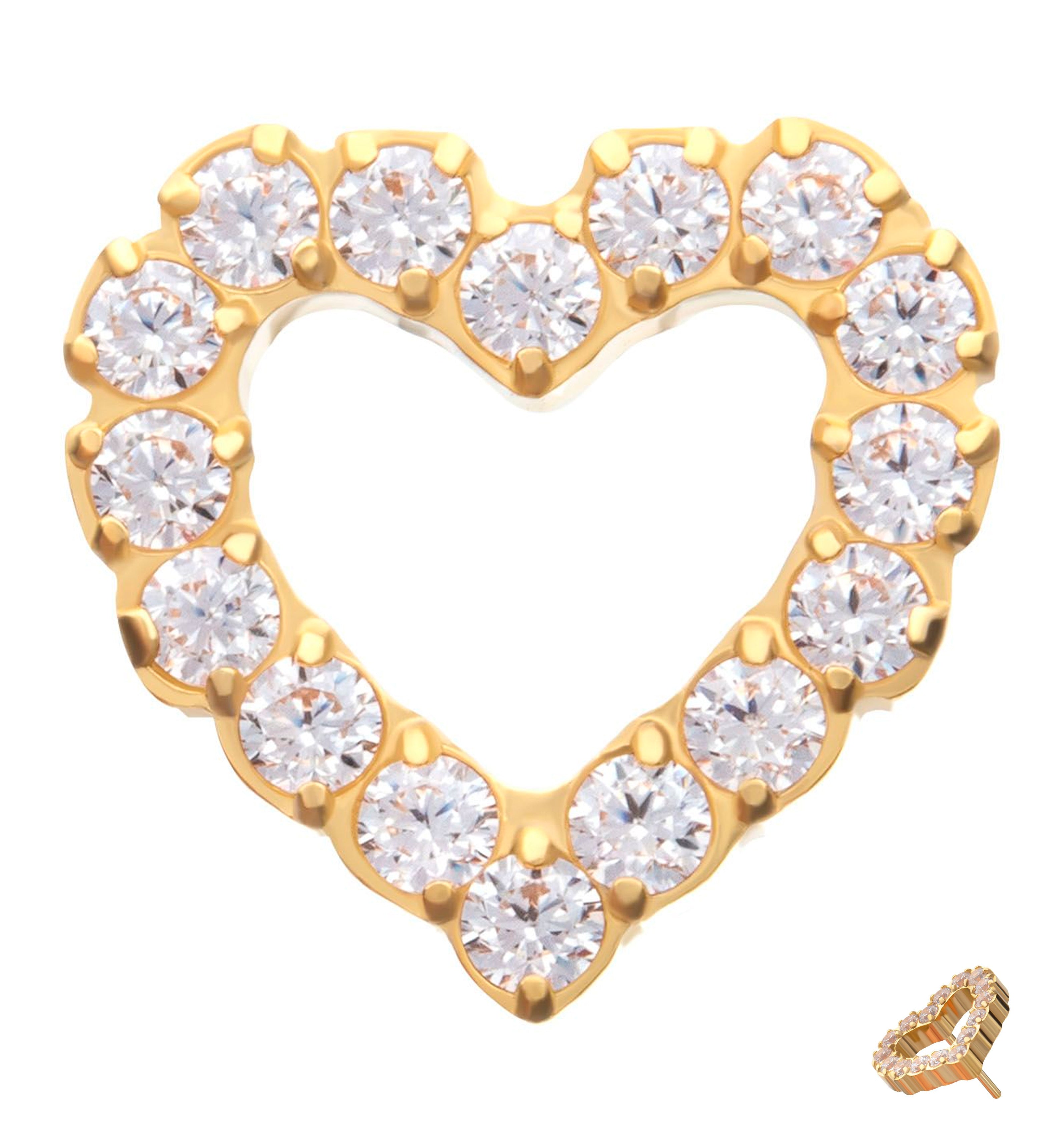 24kt Gold PVD Hollow Heart Clear CZ Titanium Threadless Top