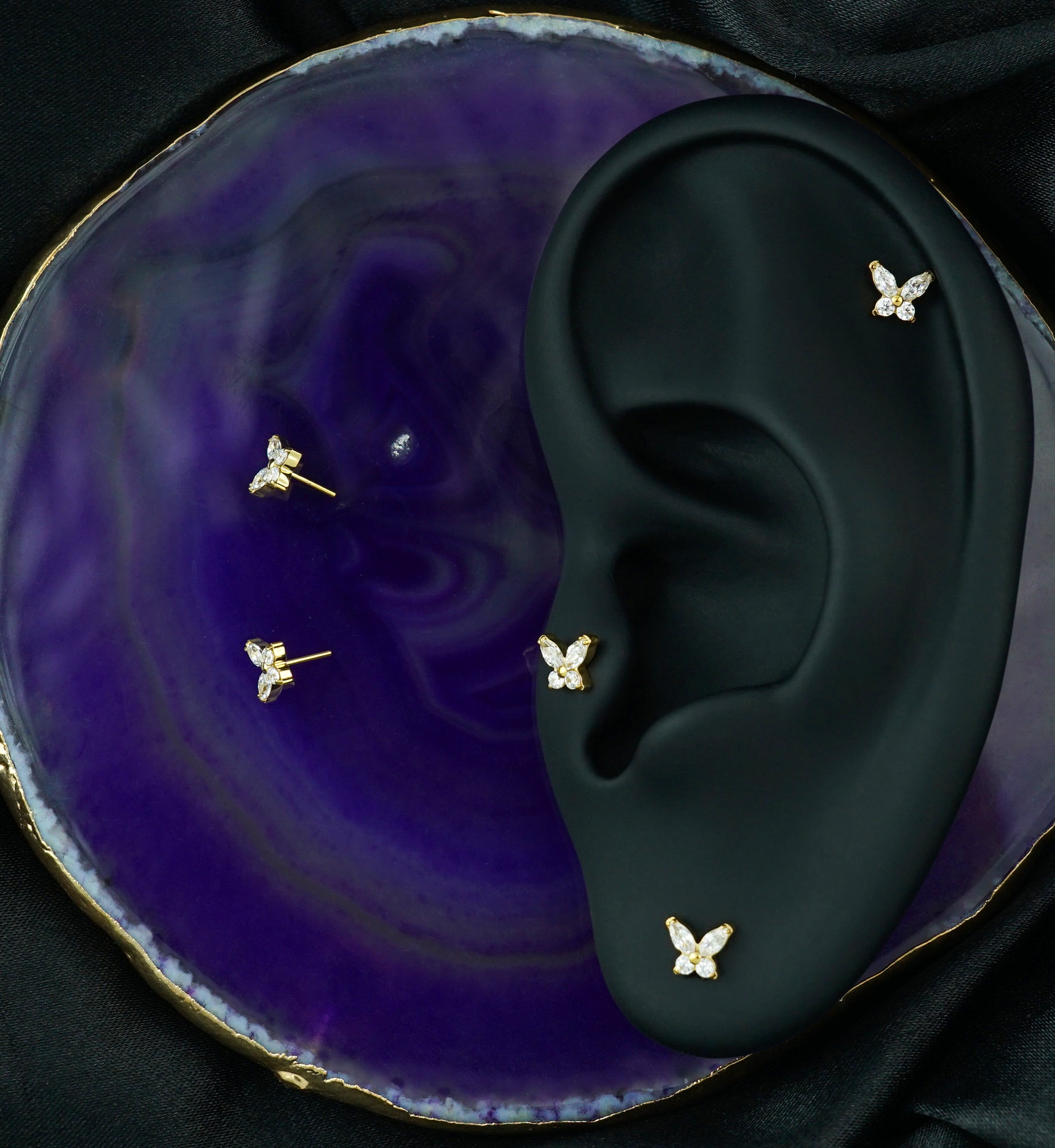 24kt Gold PVD Mini Butterfly Clear CZ Titanium Threadless Top