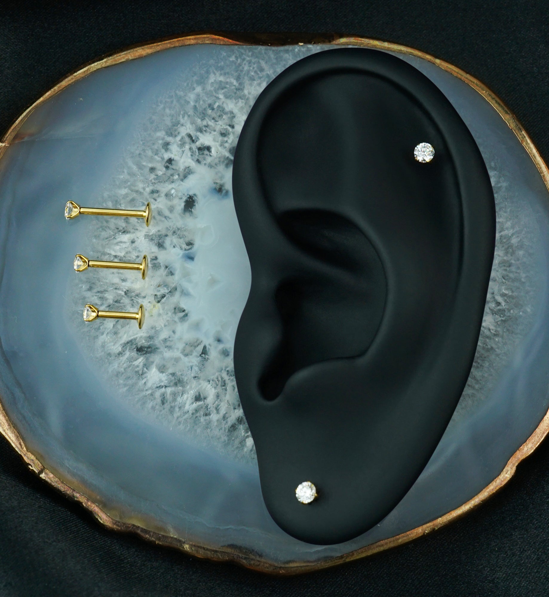 24kt Gold PVD Prong Clear CZ Internally Threaded Titanium Convex Disk Labret