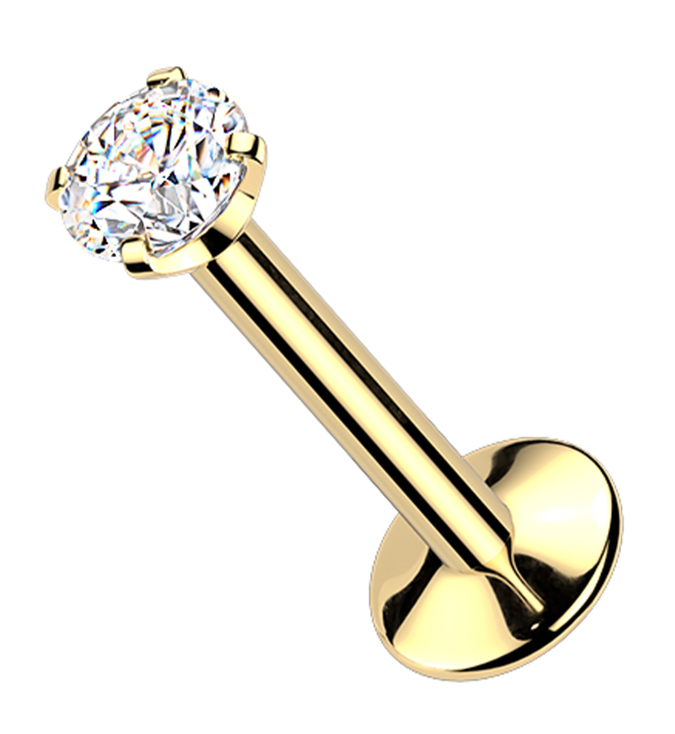 24kt Gold PVD Prong Clear CZ Internally Threaded Titanium Convex Disk Labret