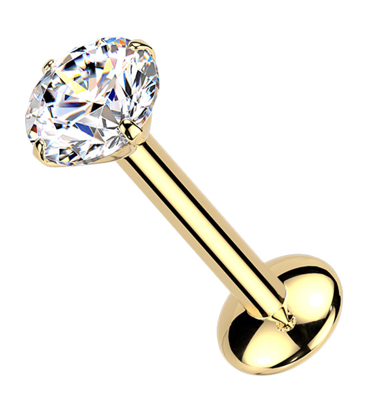 24kt Gold PVD Prong Clear Moissanite Gem Titanium Threadless Labret