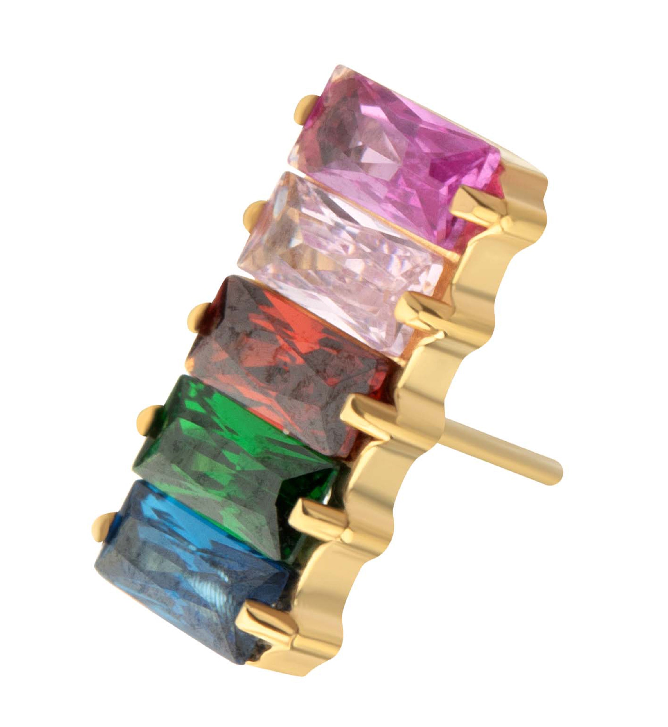 24kt Gold PVD Rainbow CZ Baguette Tower Titanium Threadless Top