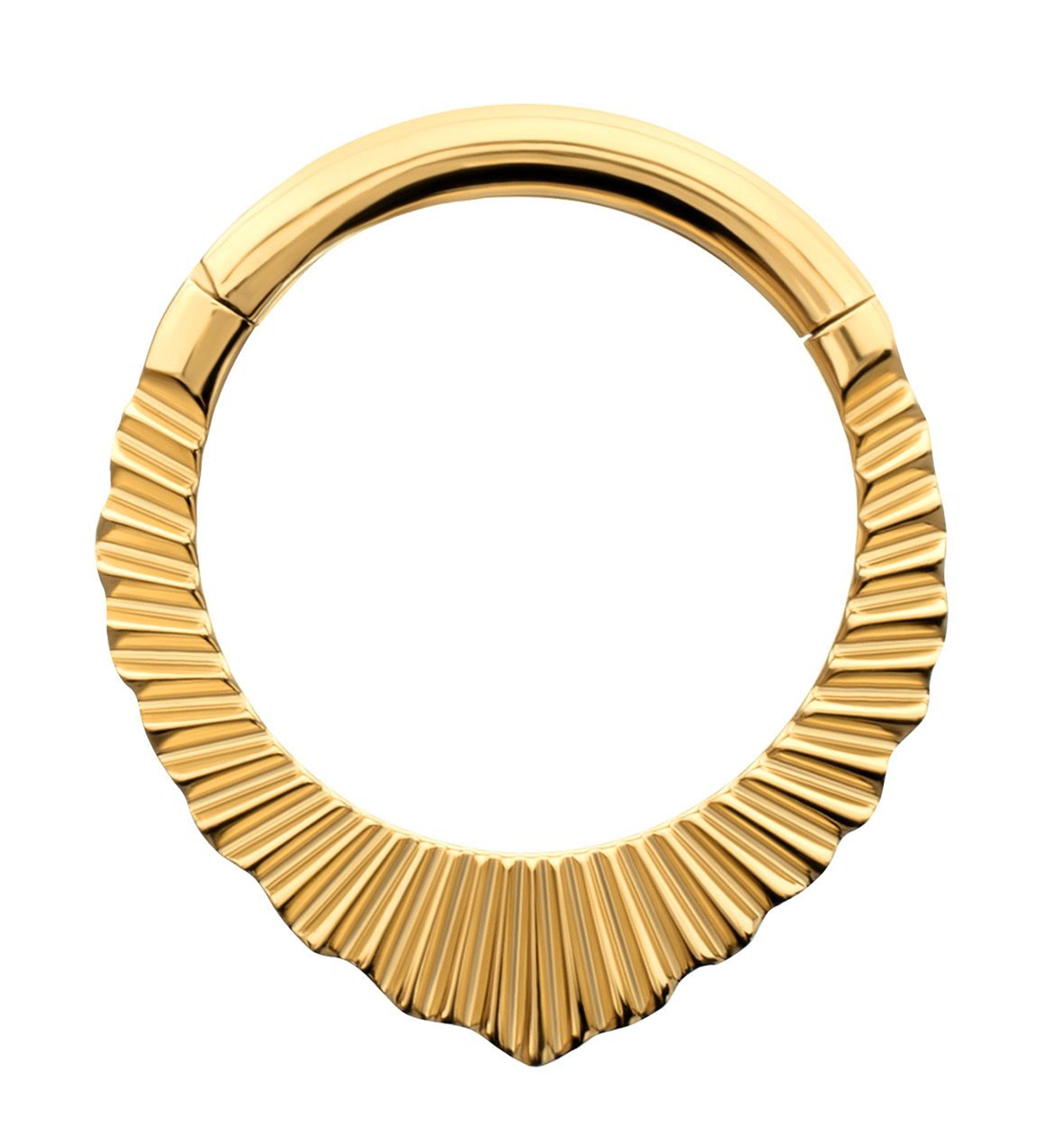 24kt Gold PVD Scalloped Point Corrugated Hoop Titanium Hinged Segment Ring