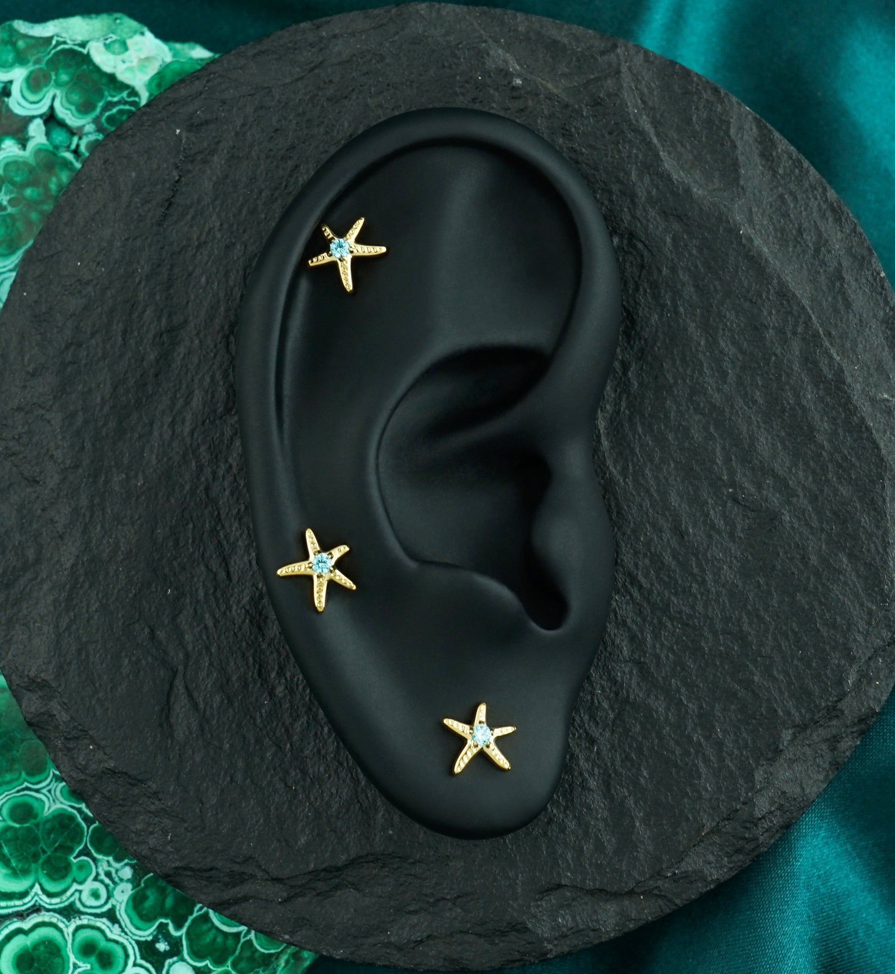 24kt Gold PVD Sea Star Aqua CZ Titanium Threadless Top