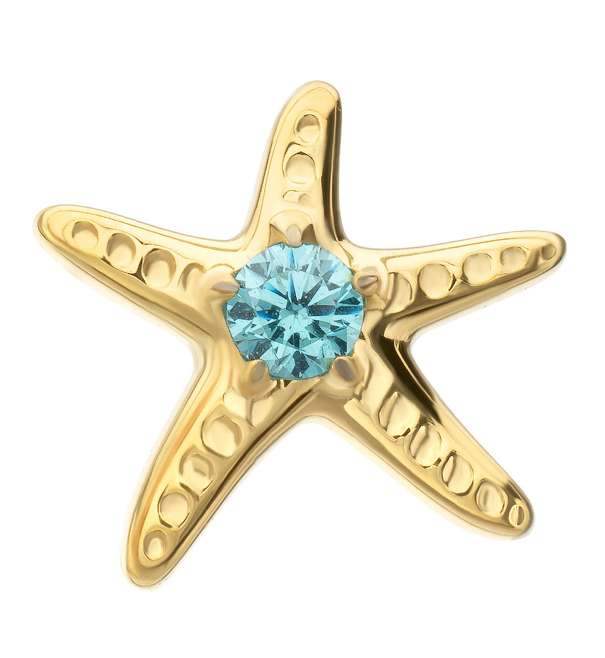 24kt Gold PVD Sea Star Aqua CZ Titanium Threadless Top