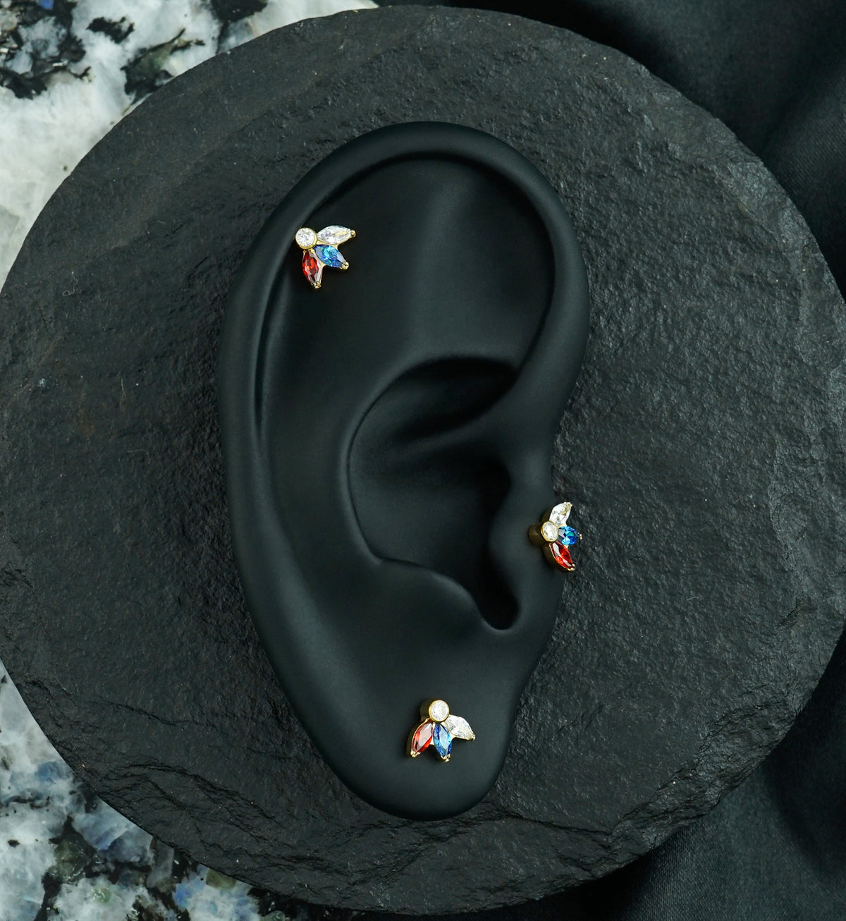 24kt Gold PVD Sepal Blue and Garnet CZ Titanium Threadless Top