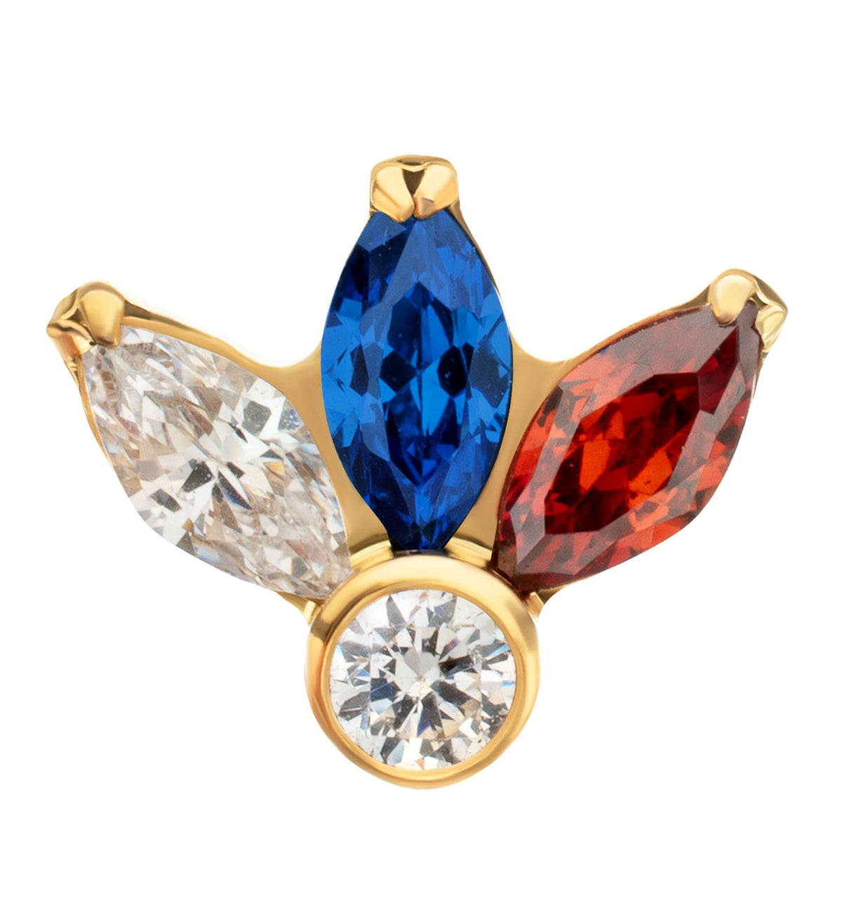 24kt Gold PVD Sepal Blue and Garnet CZ Titanium Threadless Top