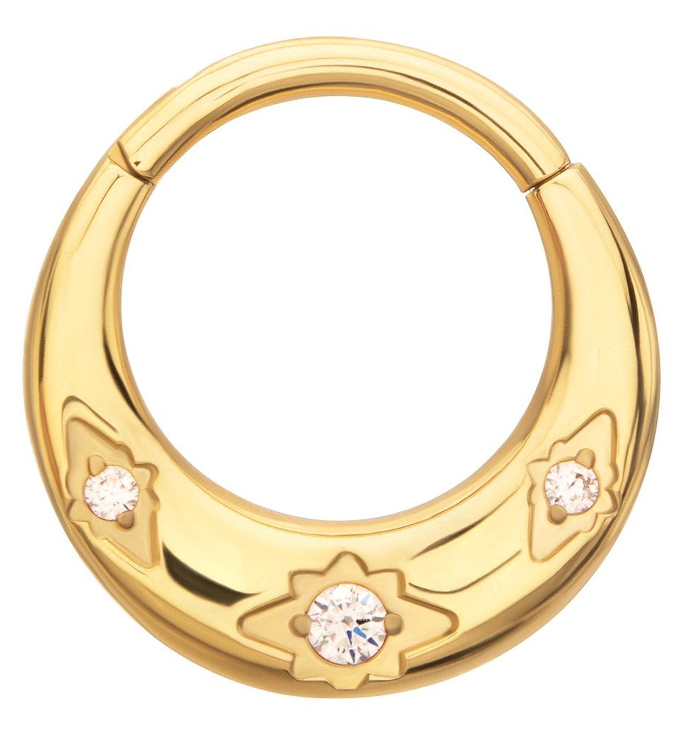 24kt Gold PVD Triple Etched Star Clear CZ Titanium Hinged Segment Ring