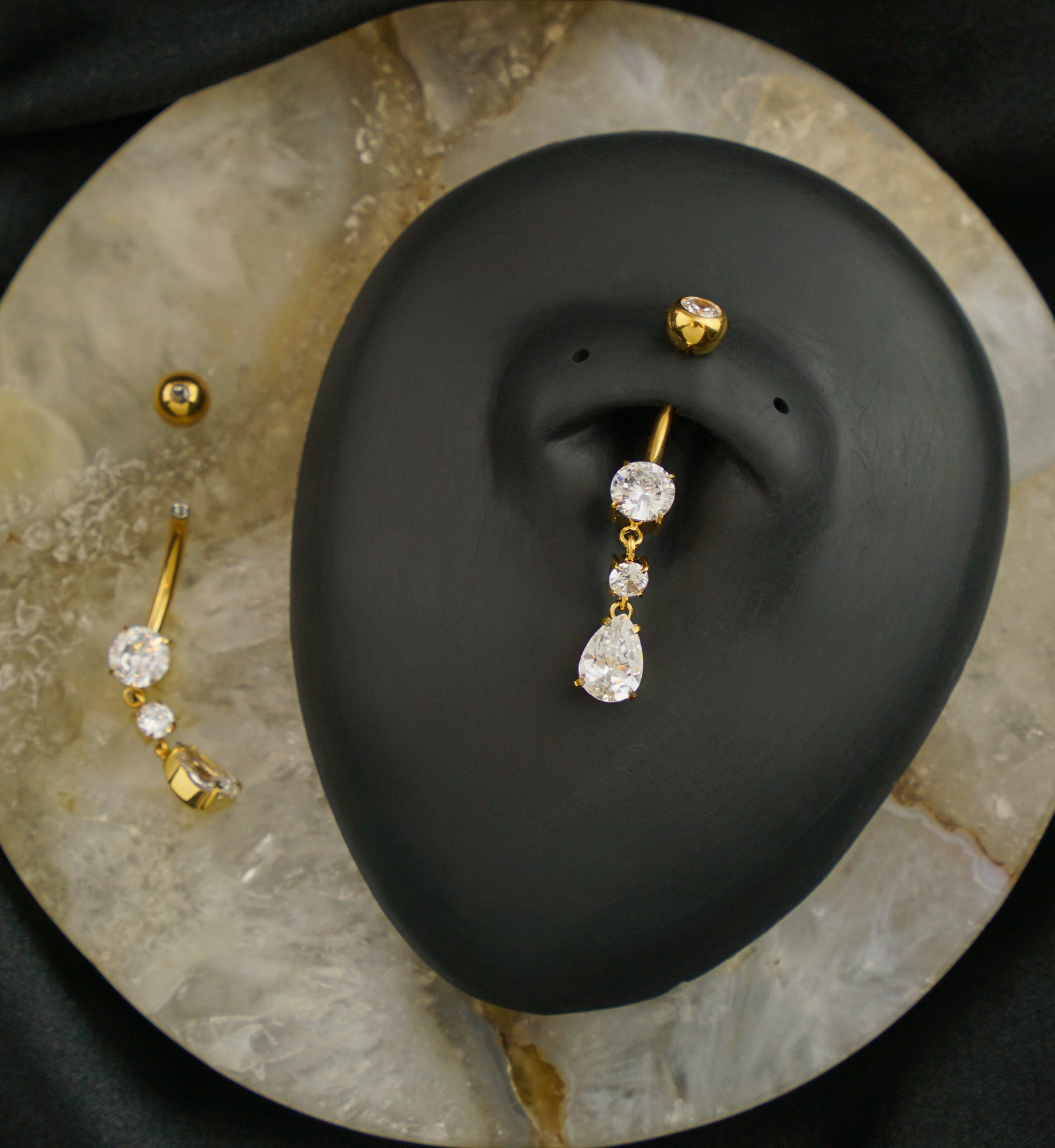 24kt Gold PVD Triple Marquise Clear CZ Dangle Titanium Belly Button Ring