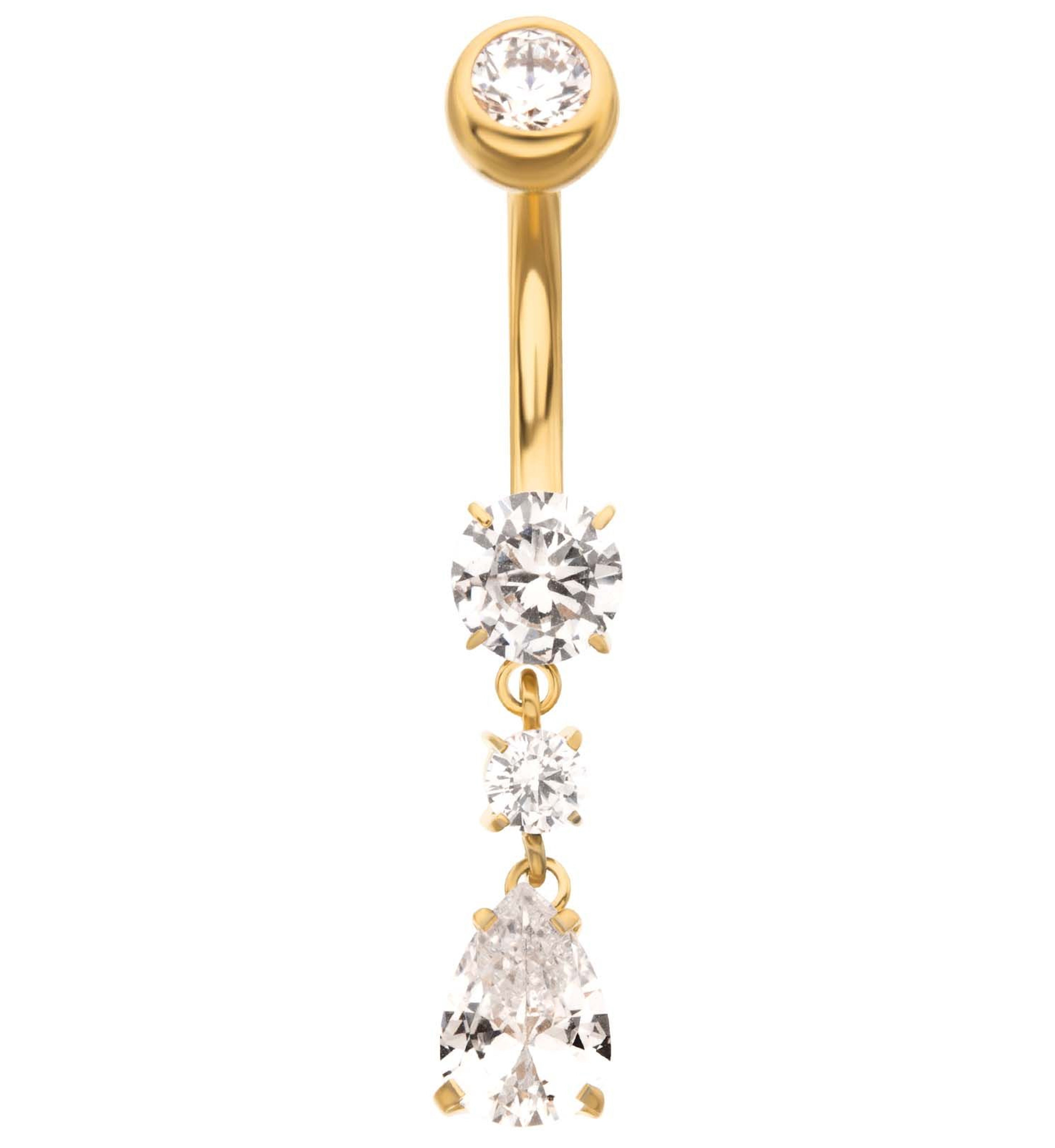 24kt Gold PVD Triple Marquise Clear CZ Dangle Titanium Belly Button Ring
