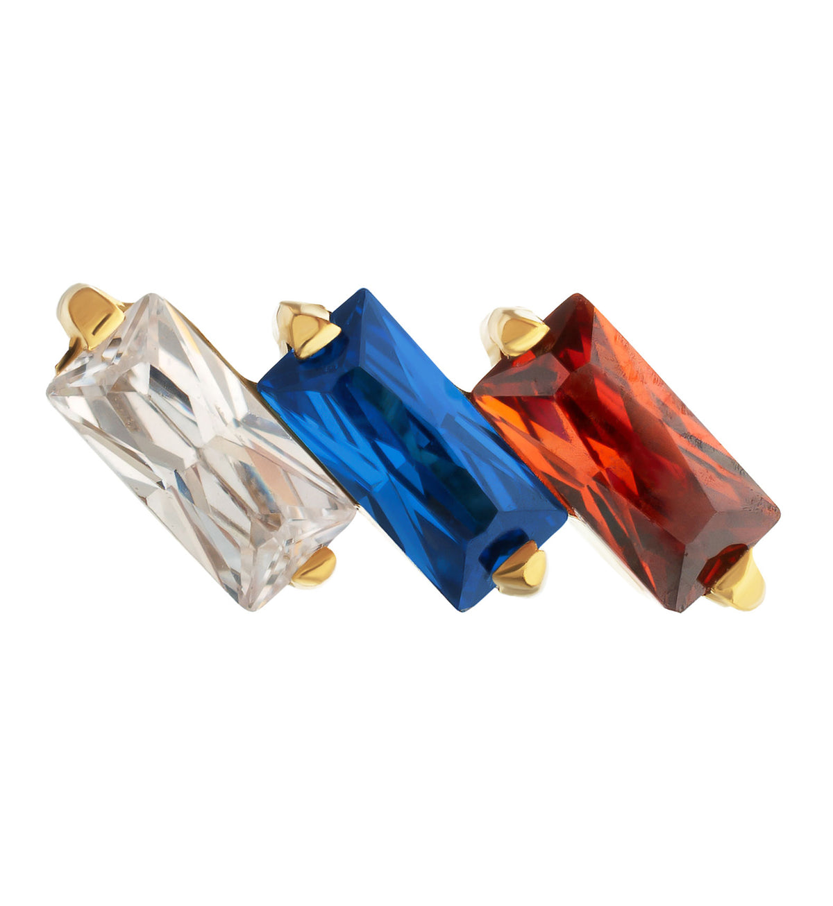 24kt Gold PVD Triple Slant Blue and Garnet CZ Titanium Threadless Top