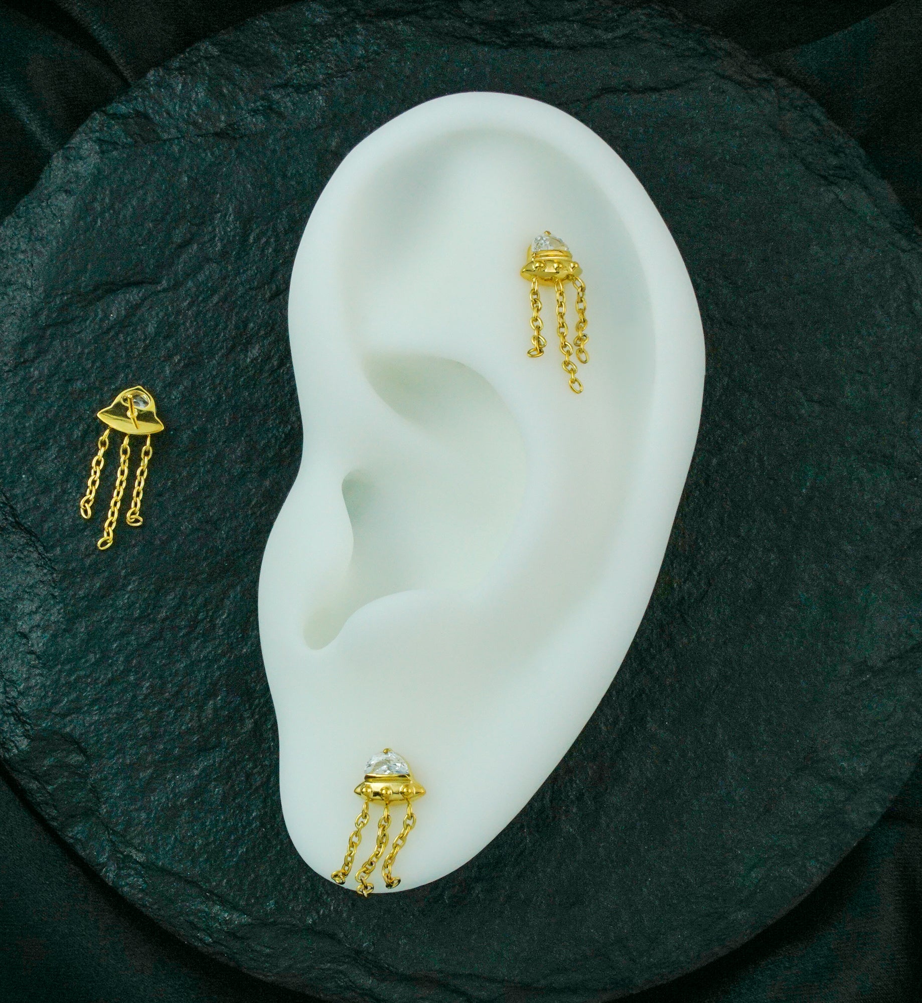 24kt Gold PVD UFO Clear CZ Dangle Chains Titanium Threadless Top