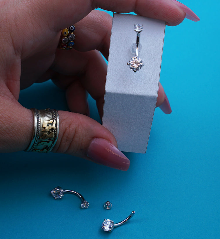 14kt White Gold Prong Clear CZ Belly Button Ring