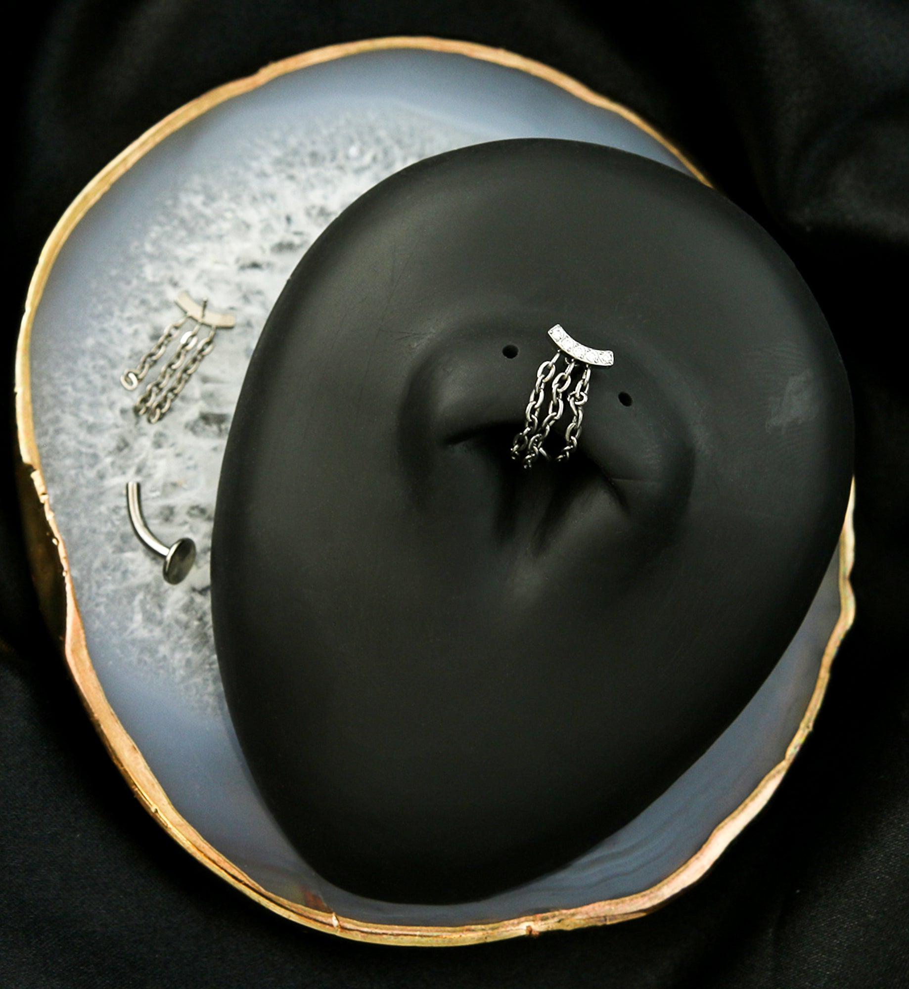 Arch Triple Chain Dangle Clear CZ Titanium Threadless Belly Button Ring