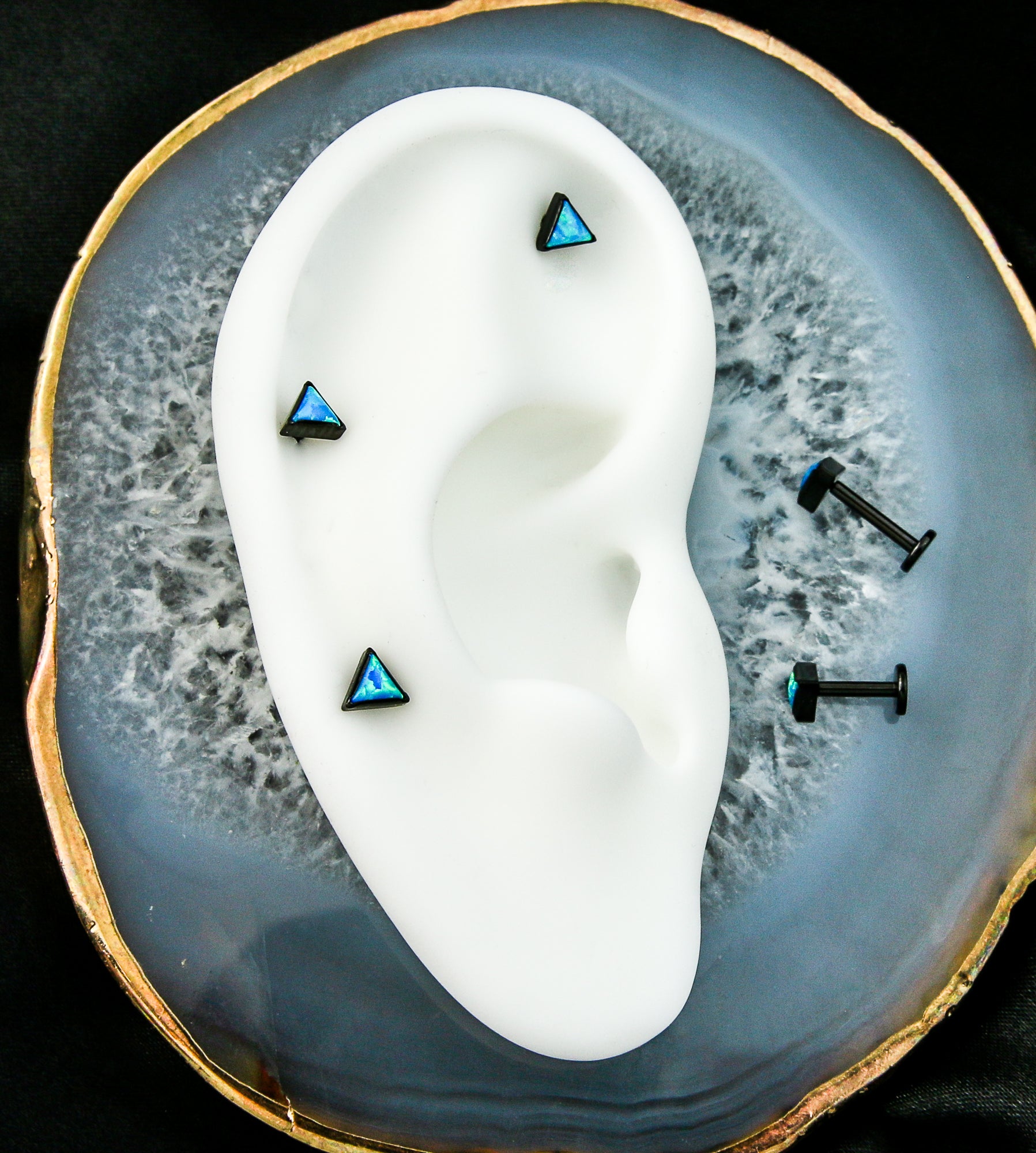 Black PVD Triangle Blue Opalite Internally Threaded Titanium Labret