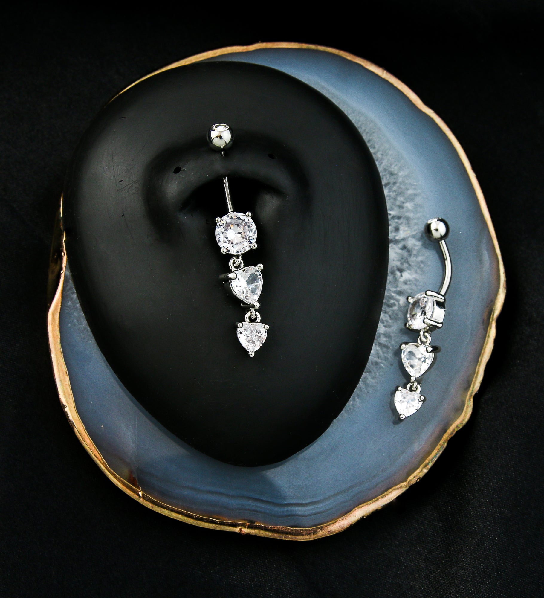 Double Heart Clear CZ Dangle Stainless Steel Belly Button Ring