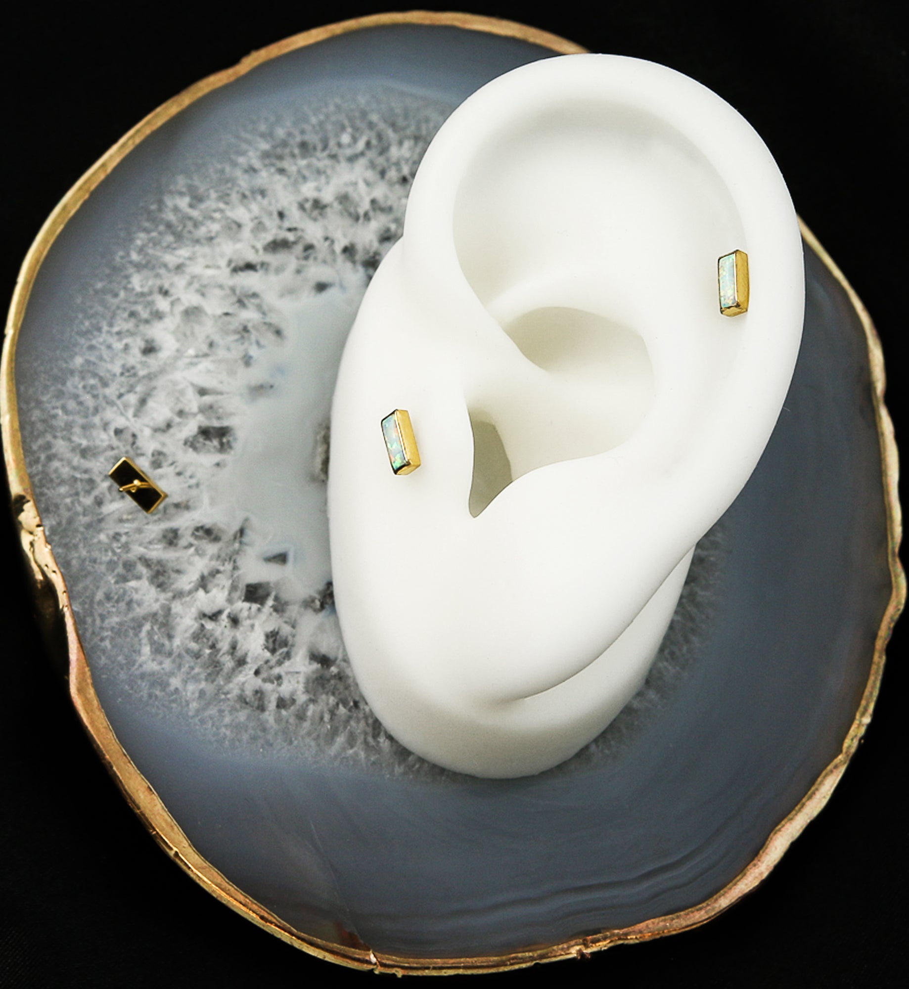 Gold PVD Baguette White Opal Threadless Titanium Top