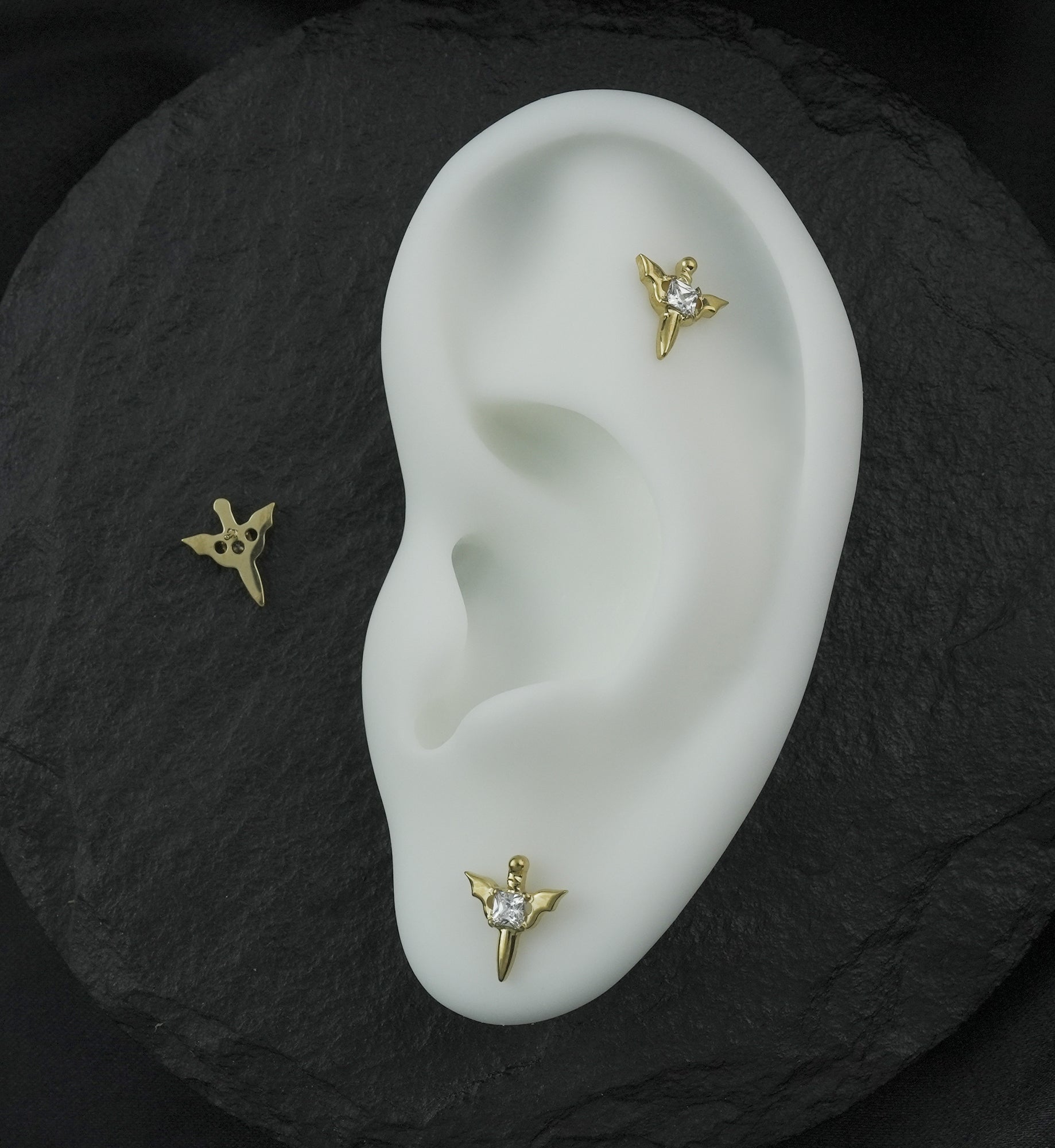 Gold PVD Bat Wing Dagger Square Clear CZ Titanium Threadless Top