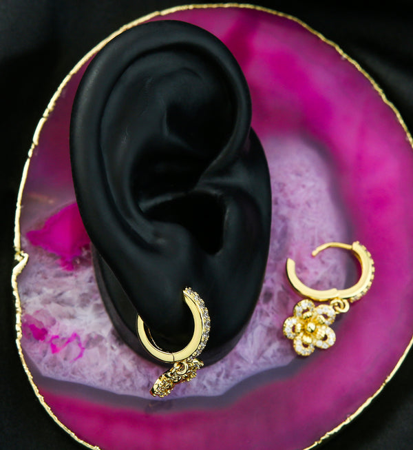 Gold PVD Flower CZ Stainless Steel Hoop Earrings