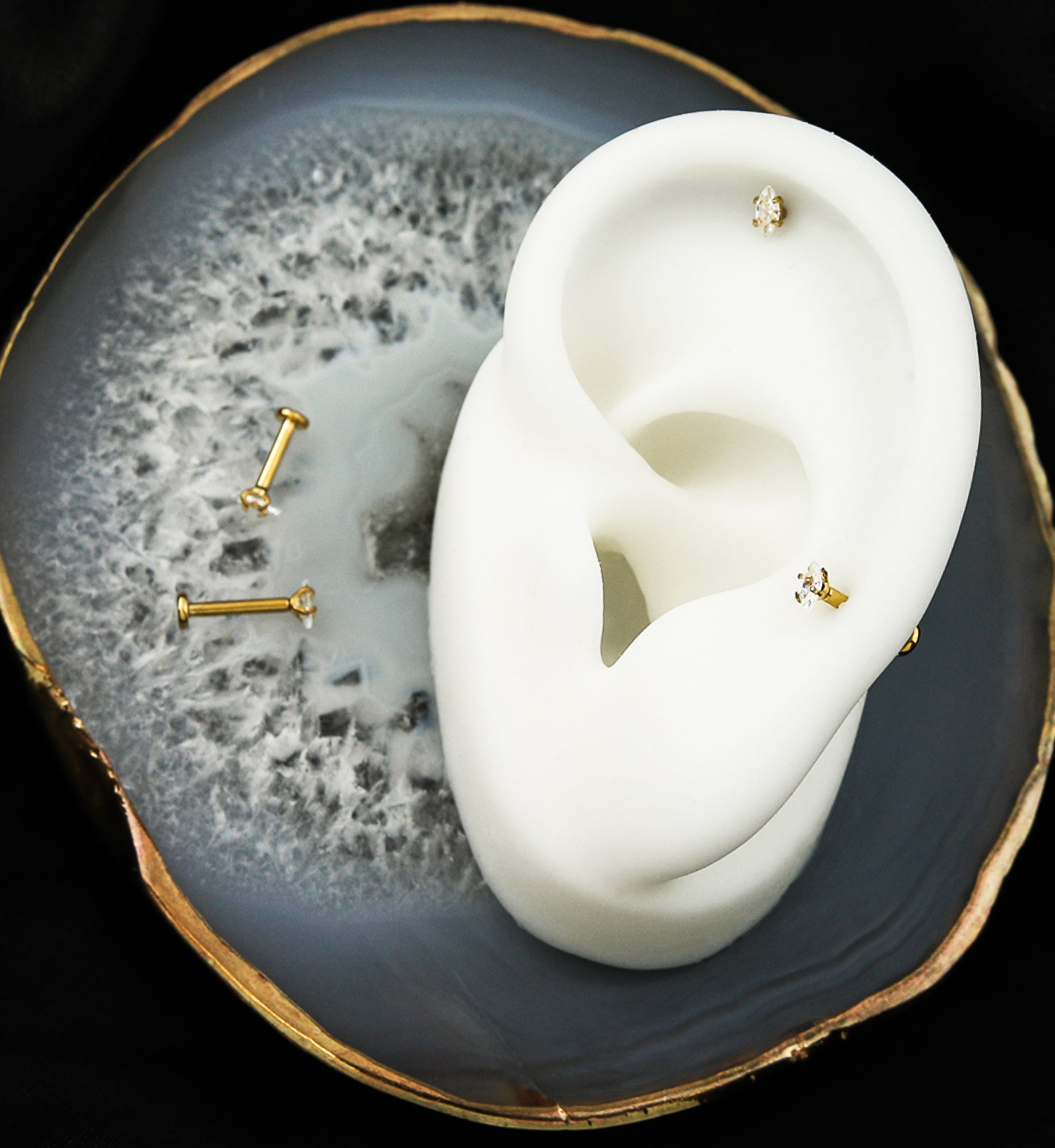 Gold PVD Marquise Clear CZ Internally Threaded Titanium Labret Post