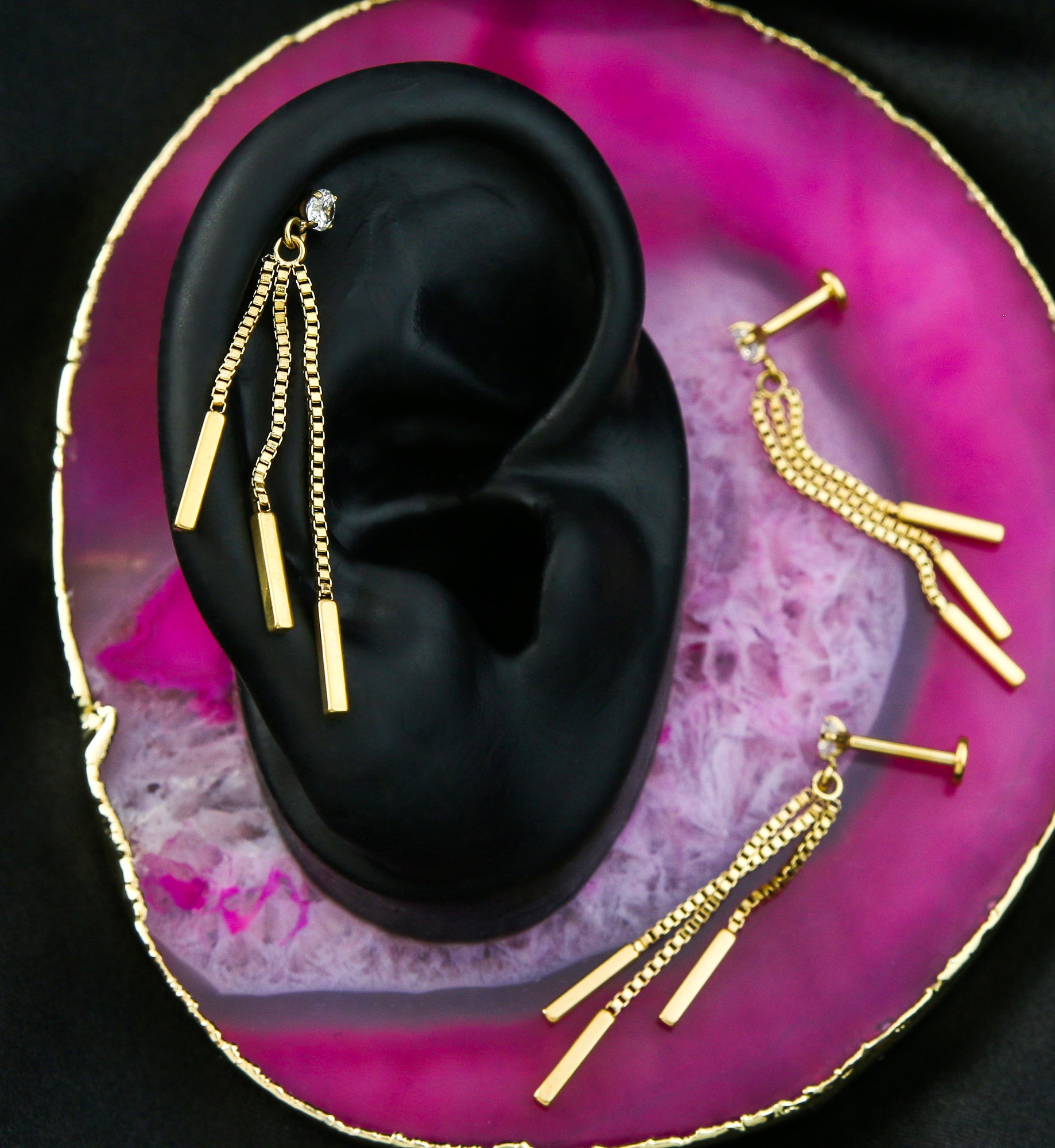 Gold PVD Triple Dangle Clear CZ Stainless Steel Internally Threaded Labret