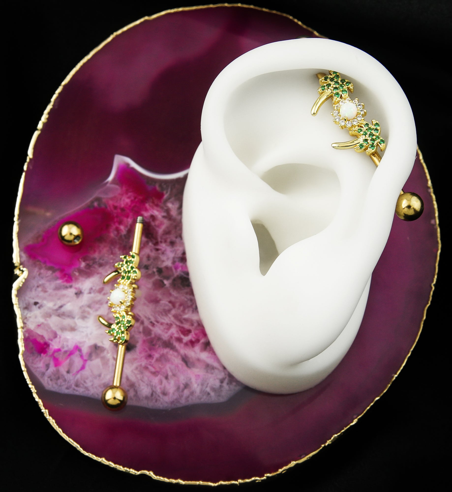 Gold PVD Two Palm Opalite Sun Stainless Steel Industrial Barbell