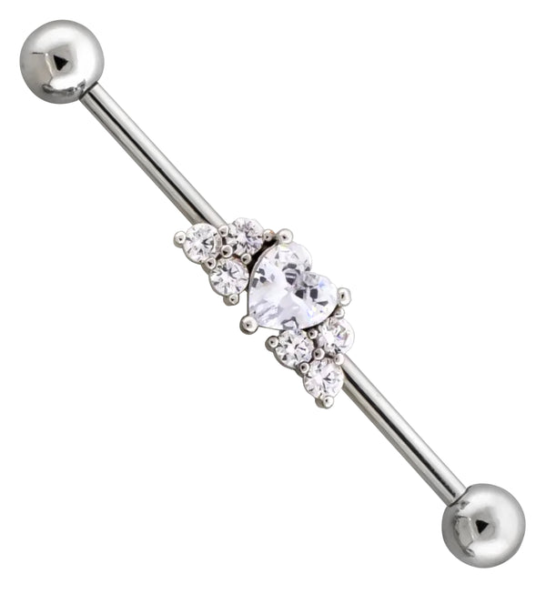Heart Clear CZ Stainless Steel Industrial Barbell