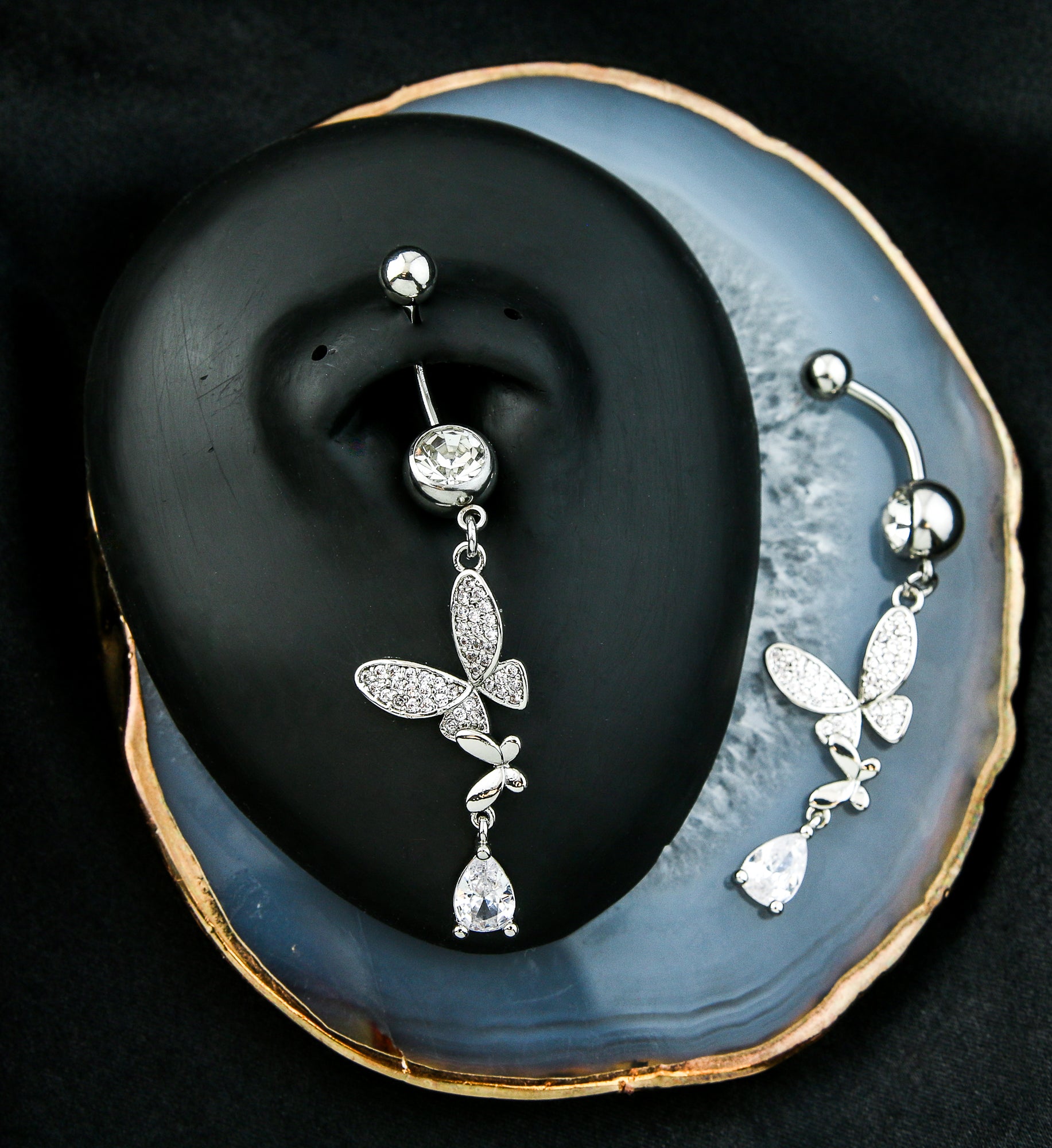 Jointed Butterfly Clear CZ Teardrop Dangle Stainless Steel Belly Button Ring